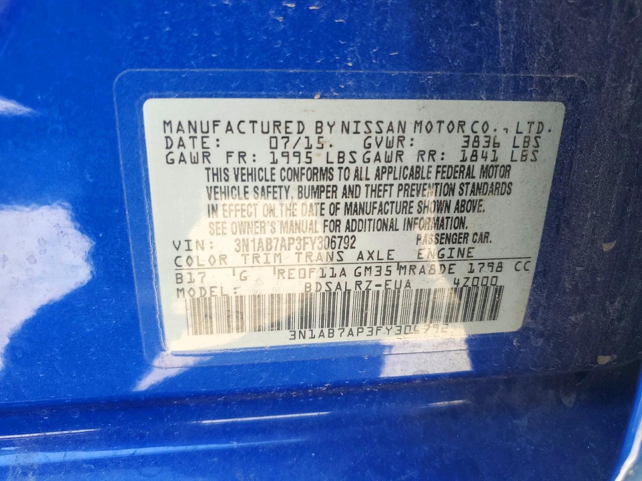 2015 Nissan Sentra Sr Blue vin: 3N1AB7AP3FY306792