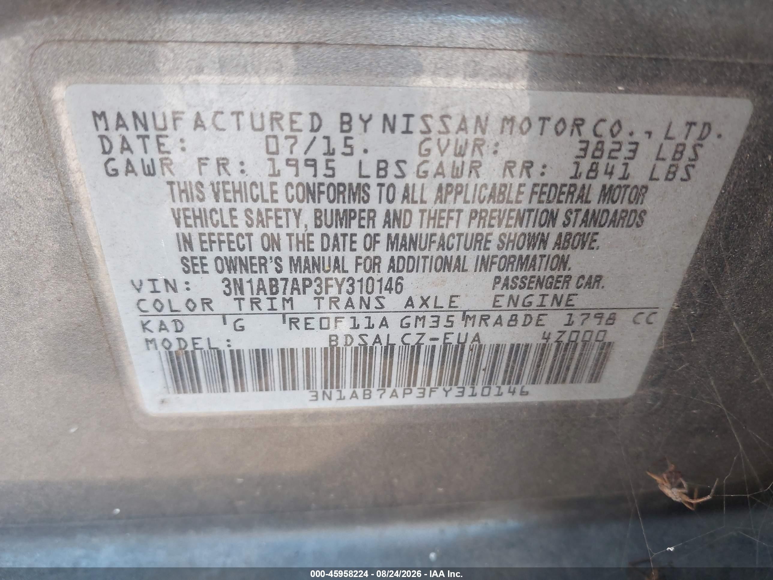 2015 Nissan Sentra S Серый vin: 3N1AB7AP3FY310146