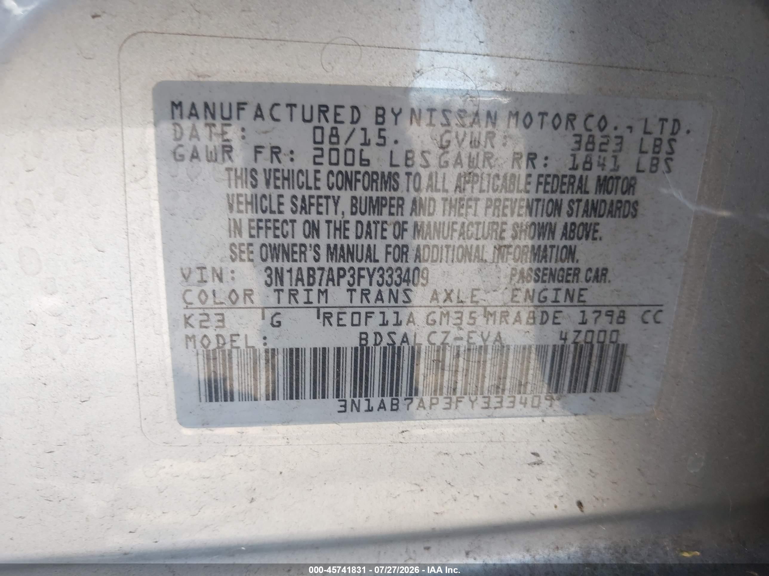 2015 Nissan Sentra S Серый vin: 3N1AB7AP3FY333409