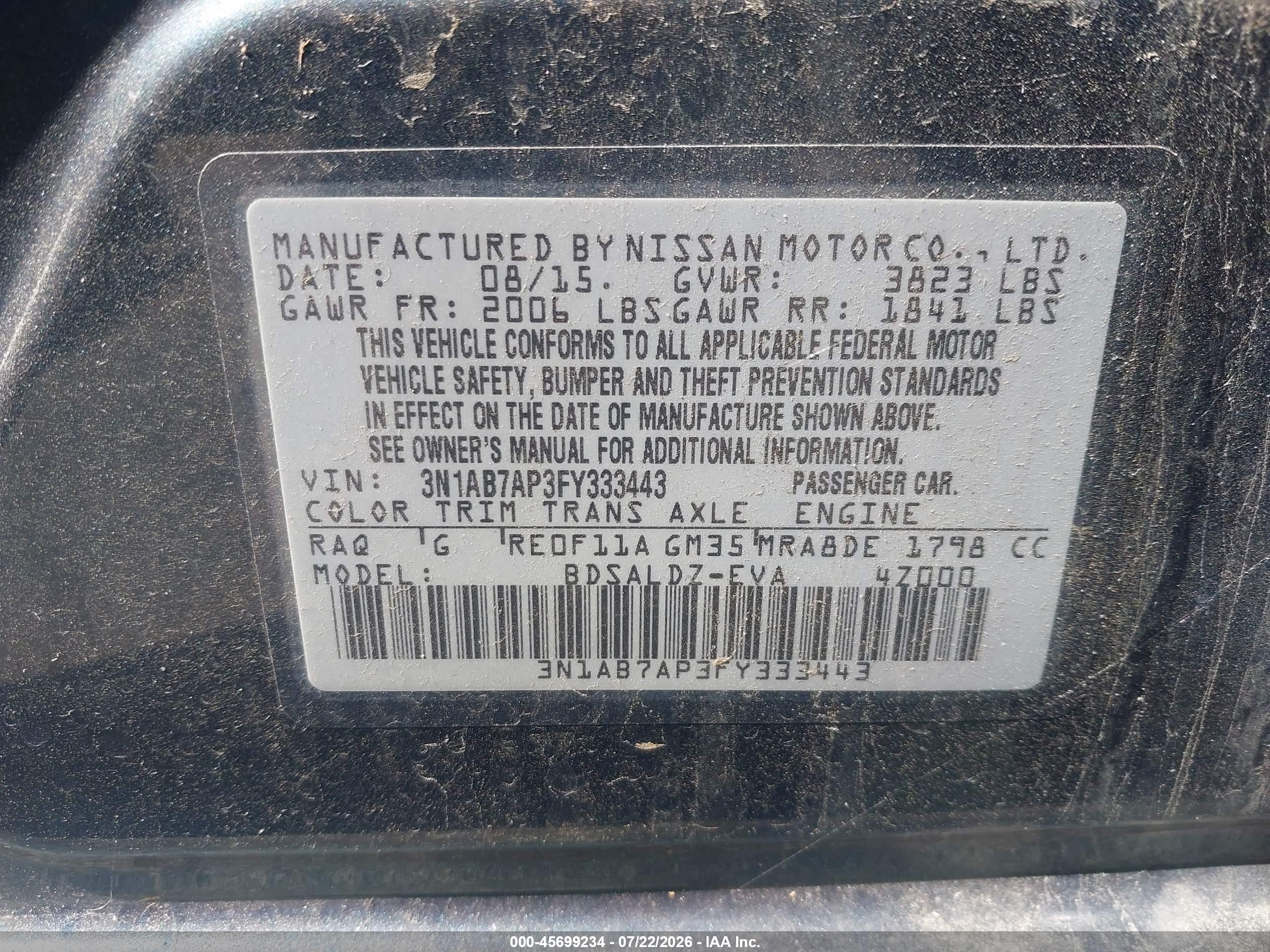 2015 Nissan Sentra Sv Blue vin: 3N1AB7AP3FY333443