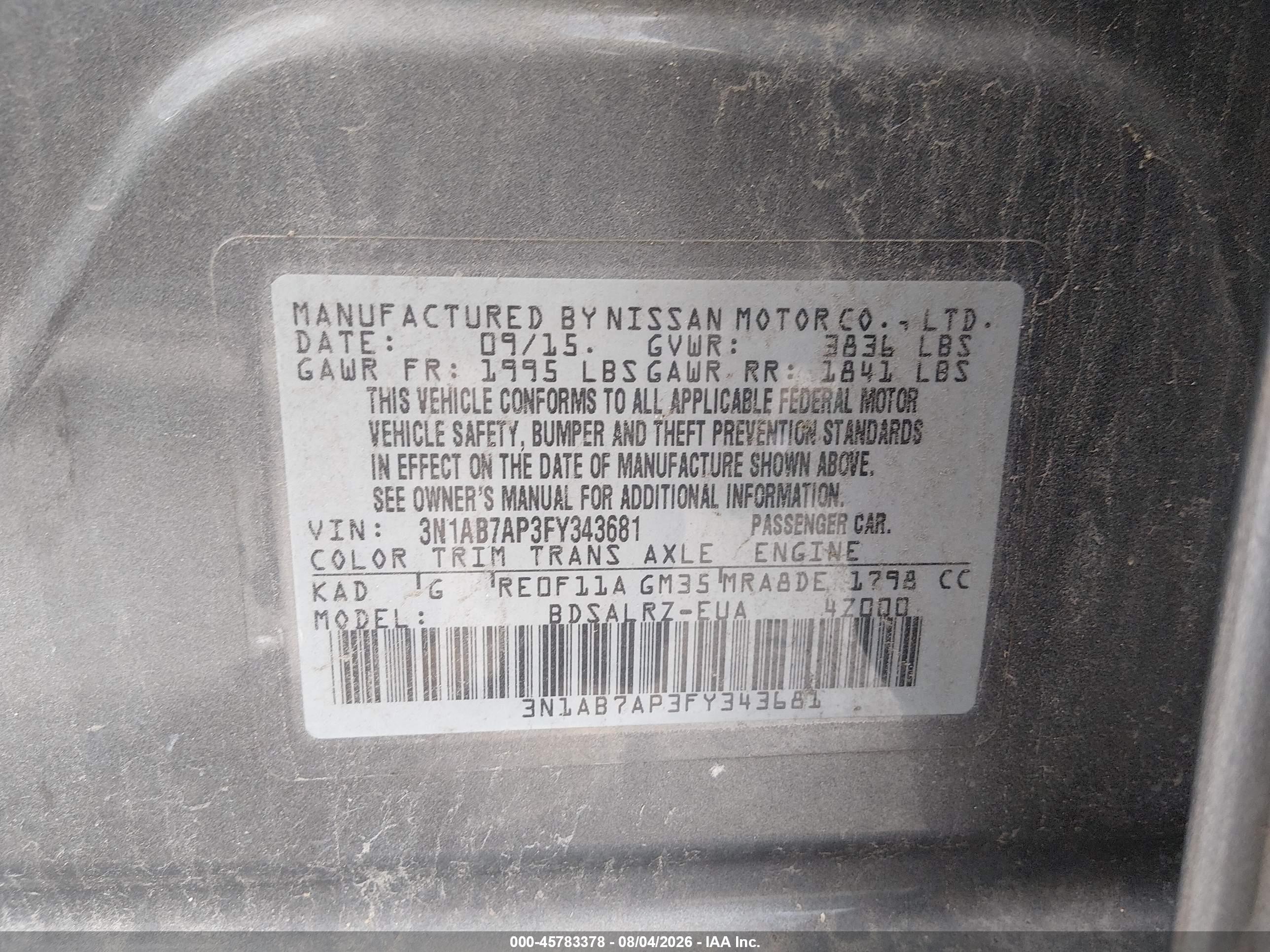 2015 Nissan Sentra Sr Black vin: 3N1AB7AP3FY343681