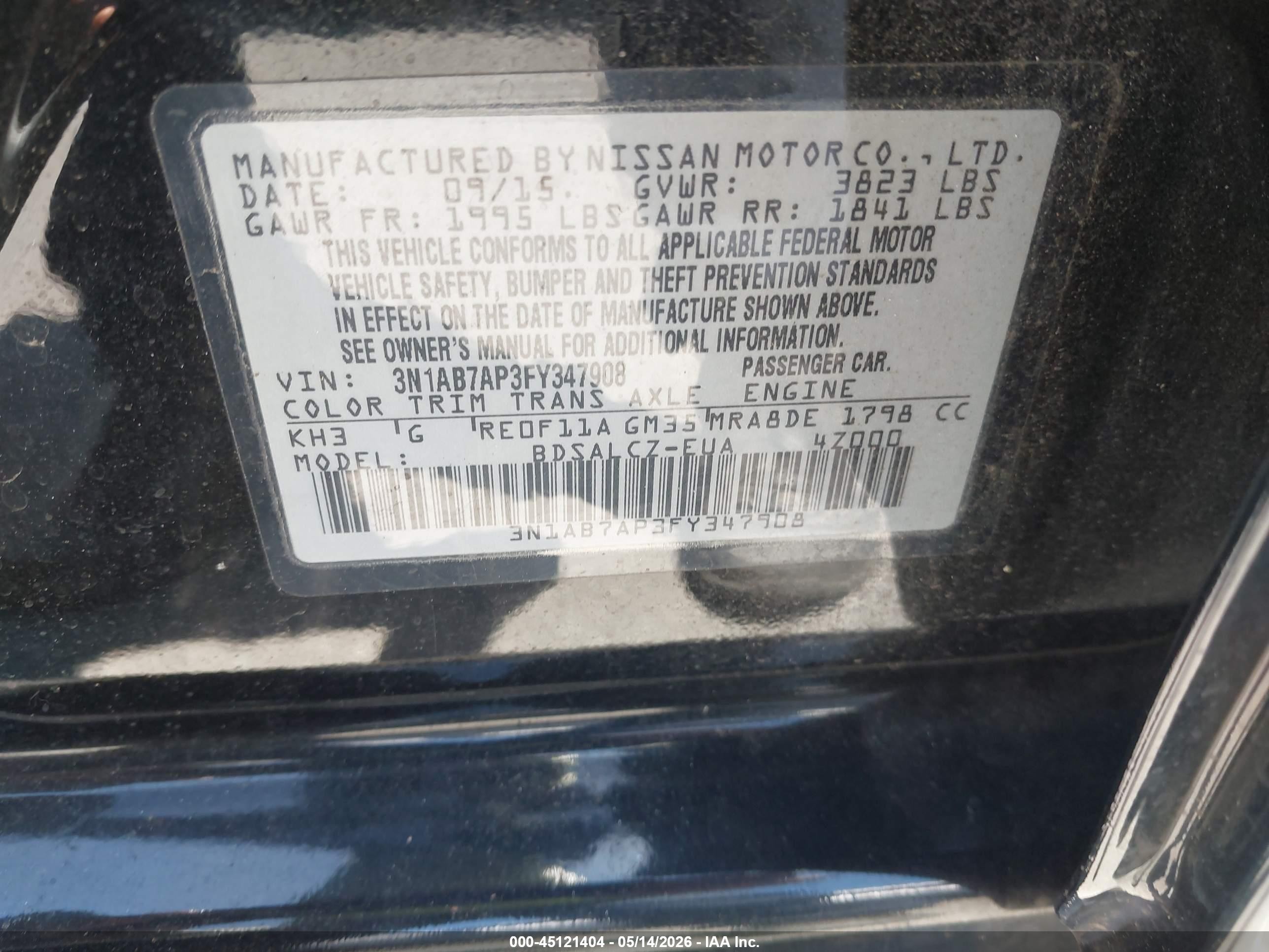 2015 Nissan Sentra S Black vin: 3N1AB7AP3FY347908