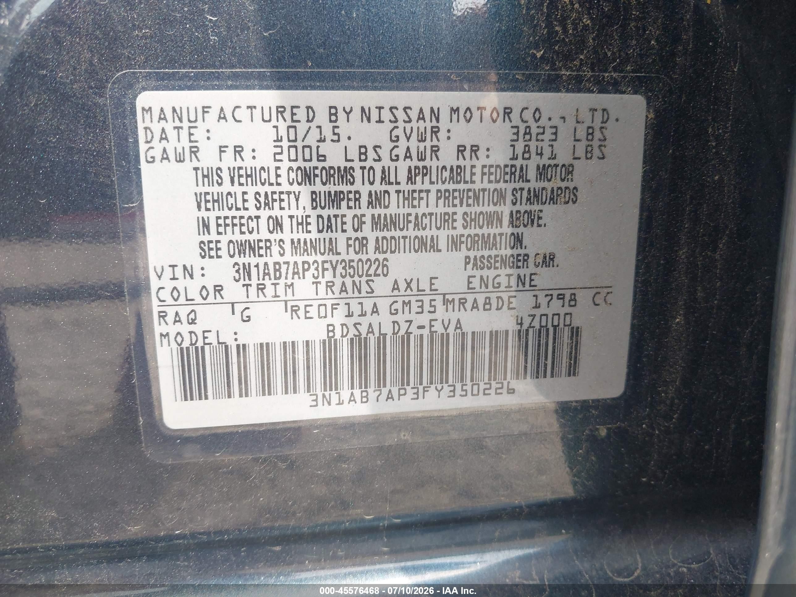 2015 Nissan Sentra Sv Blue vin: 3N1AB7AP3FY350226