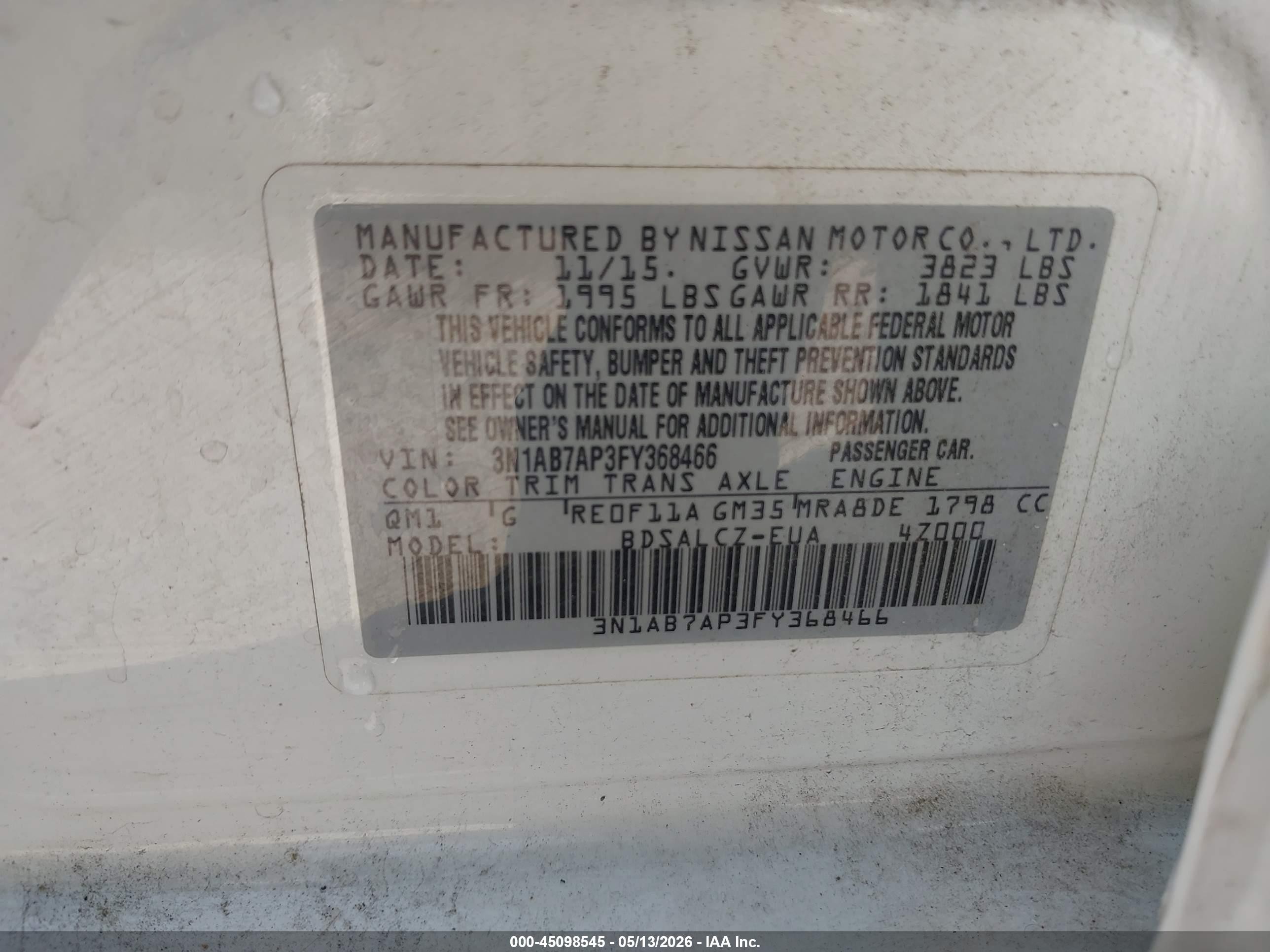 2015 Nissan Sentra S White vin: 3N1AB7AP3FY368466