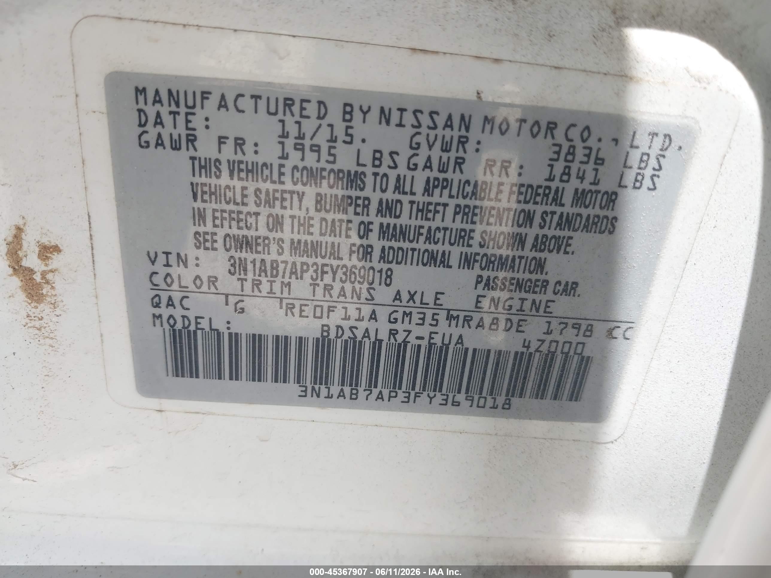 2015 Nissan Sentra Sr White vin: 3N1AB7AP3FY369018