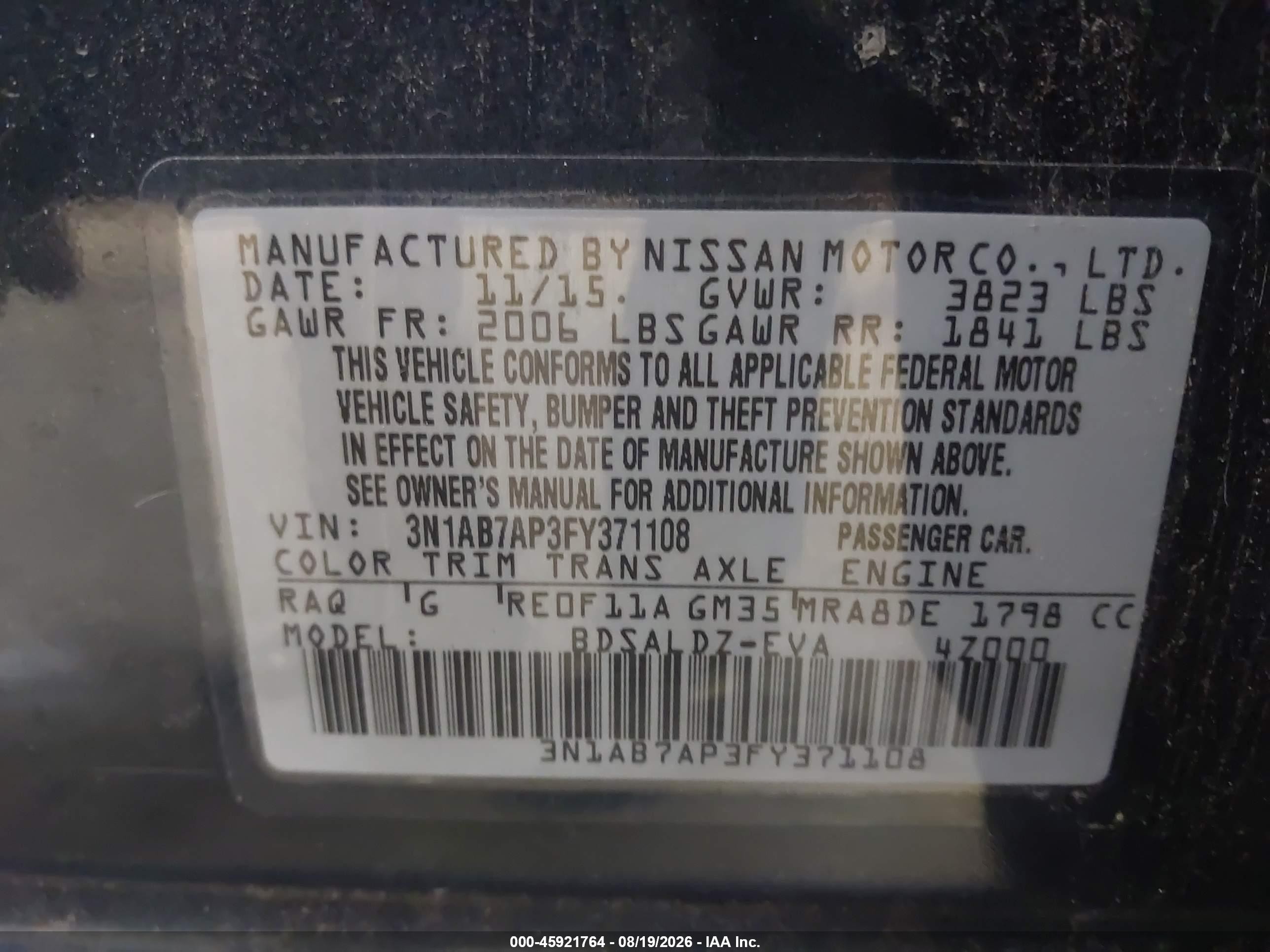 2015 Nissan Sentra Sv Blue vin: 3N1AB7AP3FY371108