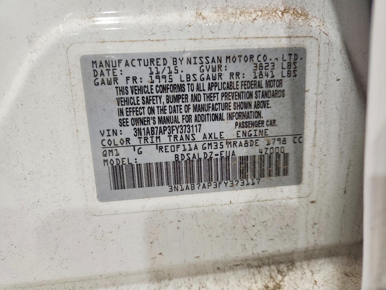 2015 Nissan Sentra Sv White vin: 3N1AB7AP3FY373117