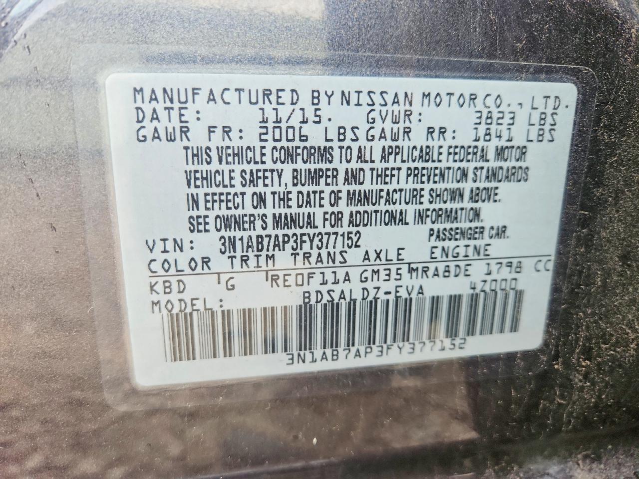 2015 Nissan Sentra Sv Gray vin: 3N1AB7AP3FY377152