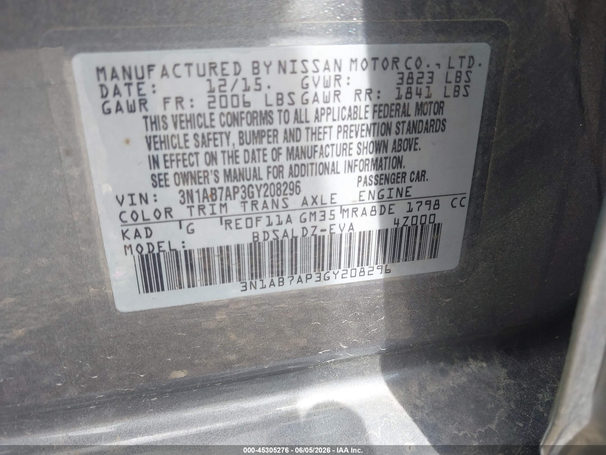 2016 Nissan Sentra Sv Gray vin: 3N1AB7AP3GY208296