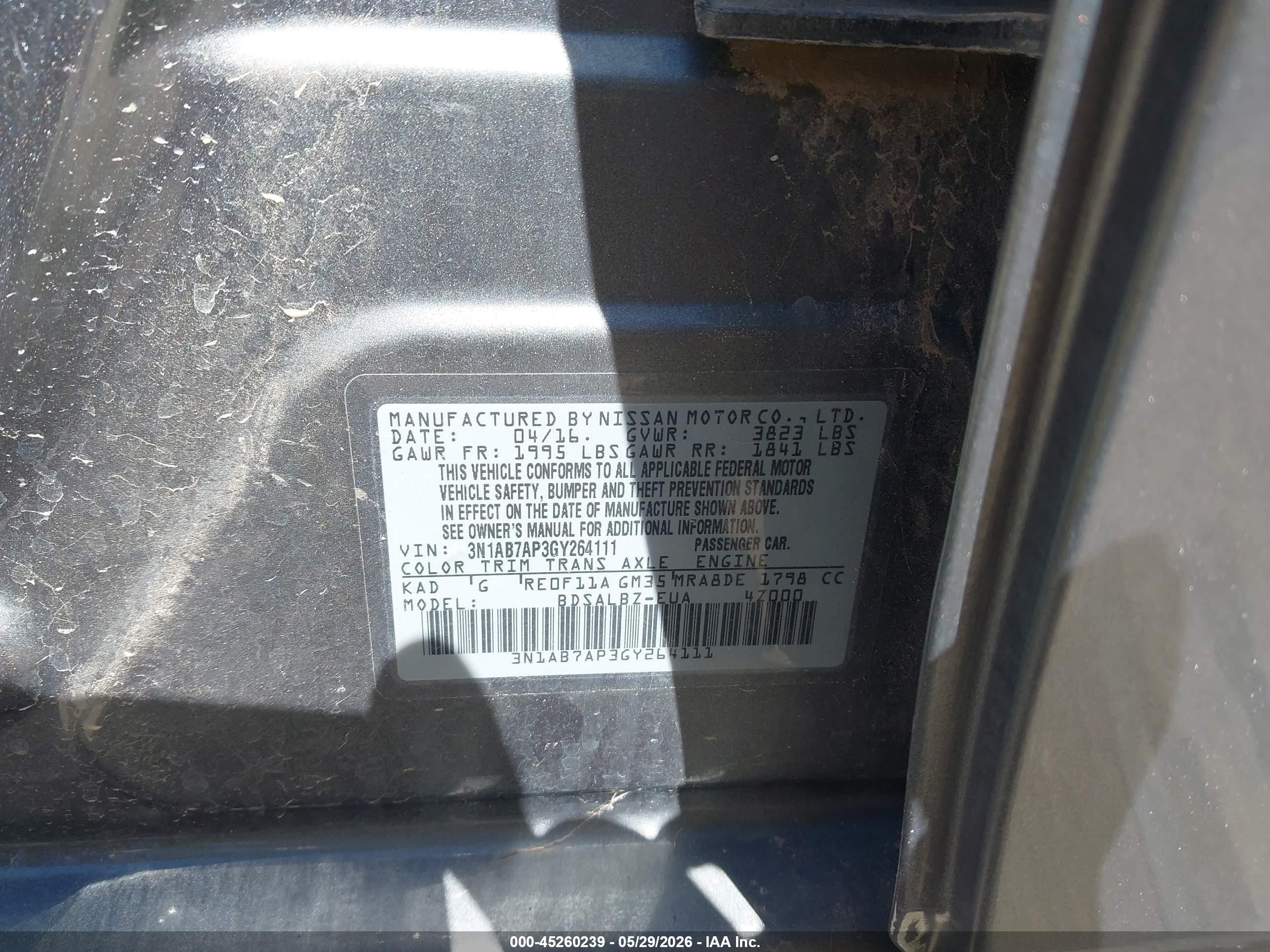 2016 Nissan Sentra Fe+ S/s/sl/sr/sv Gray vin: 3N1AB7AP3GY264111