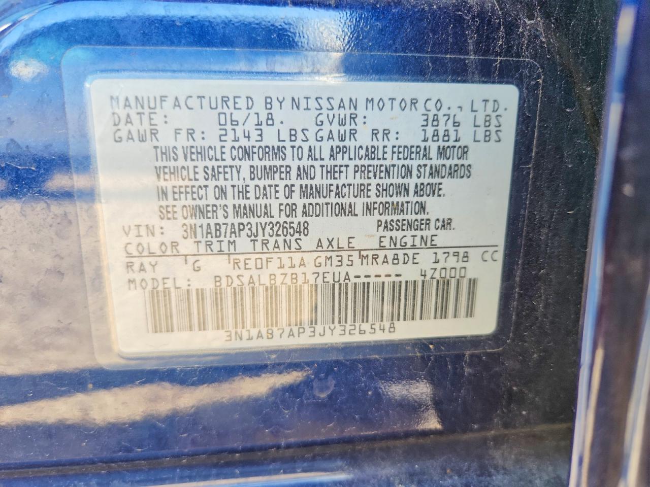 2018 Nissan Sentra S Blue vin: 3N1AB7AP3JY326548