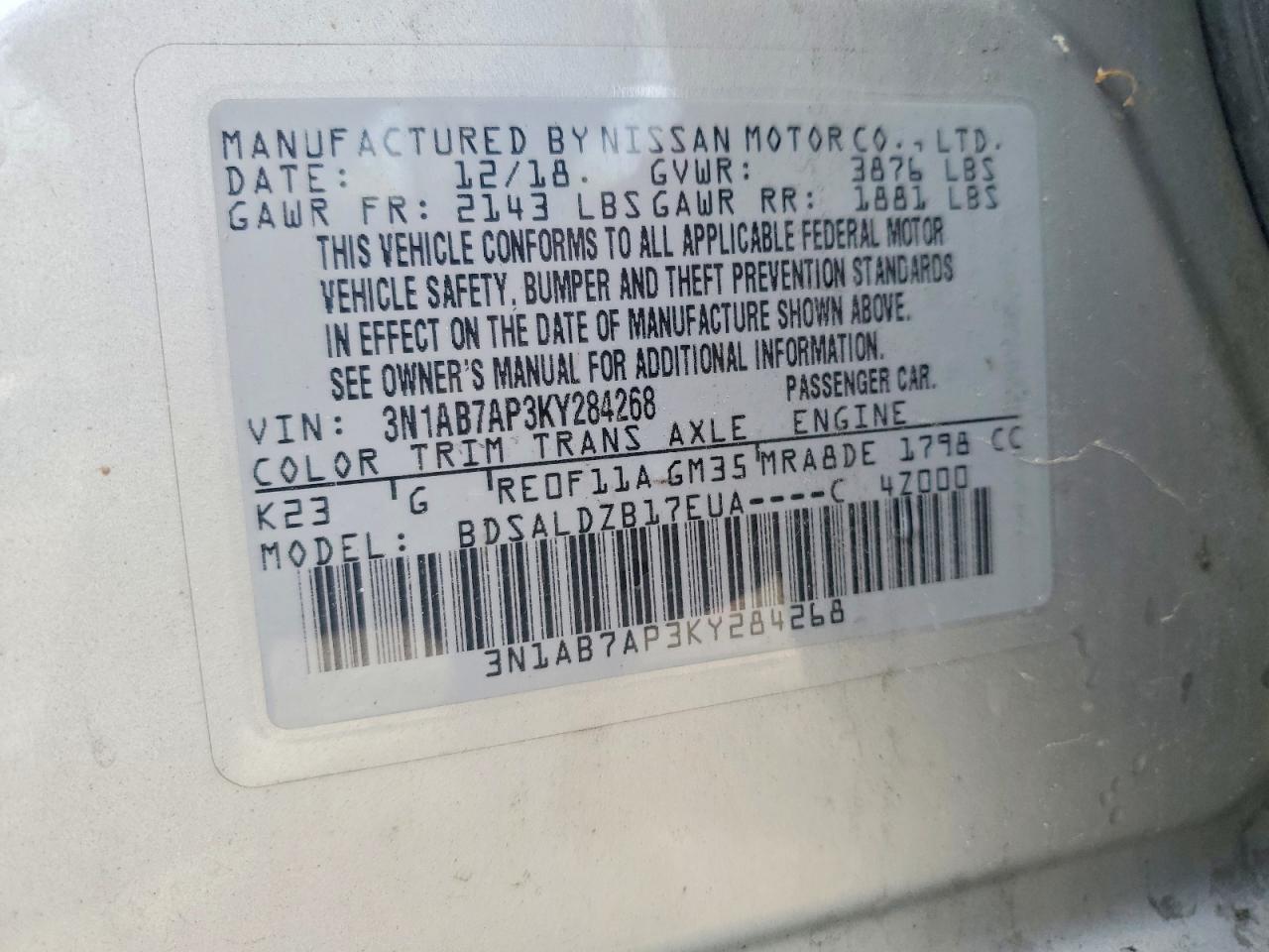 2019 Nissan Sentra Sv Silver vin: 3N1AB7AP3KY284268