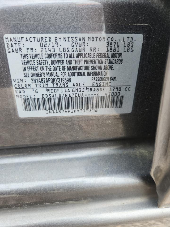 2019 Nissan Sentra Sv Серый vin: 3N1AB7AP3KY319598