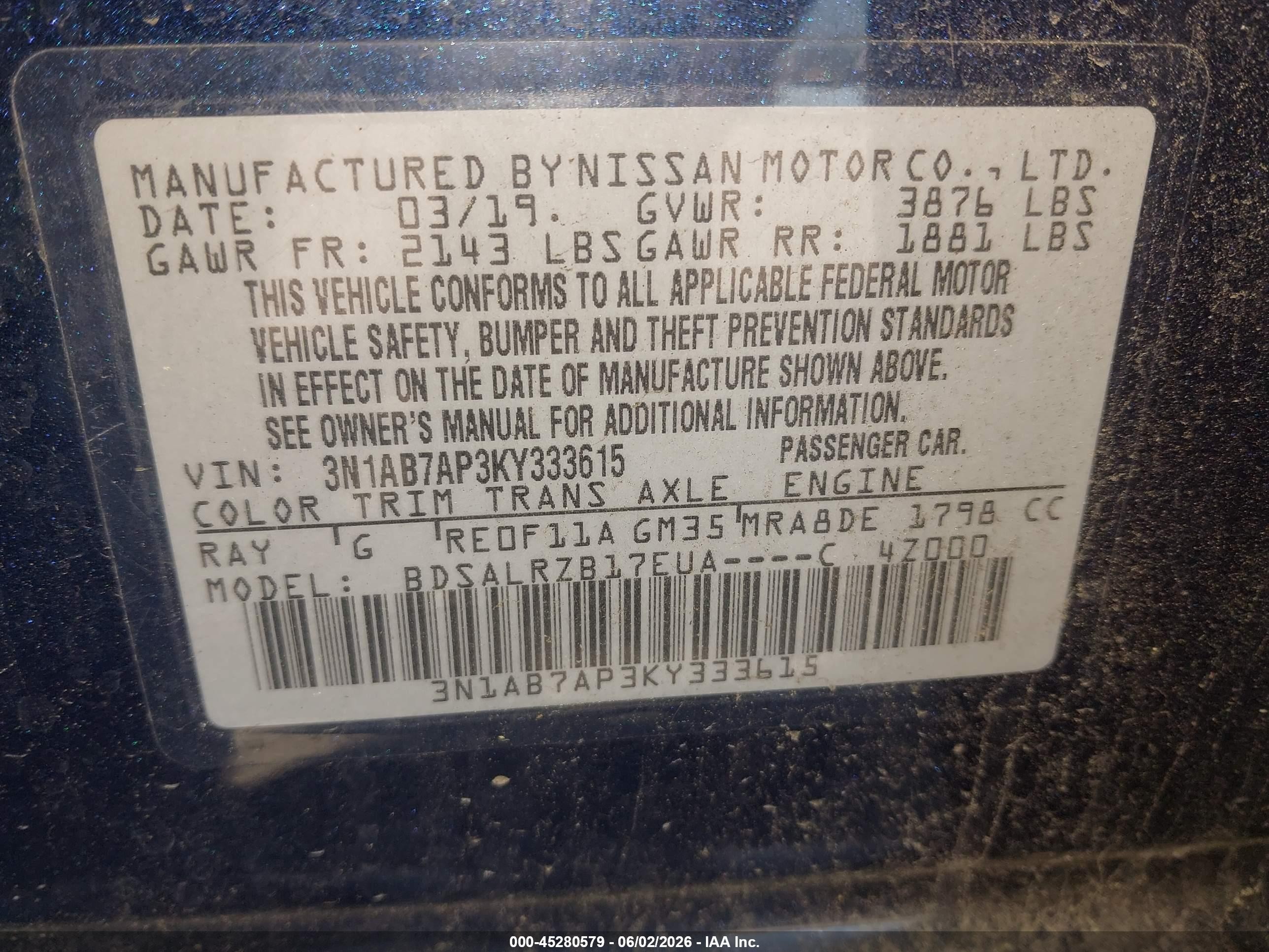 2019 Nissan Sentra Sr Синий vin: 3N1AB7AP3KY333615