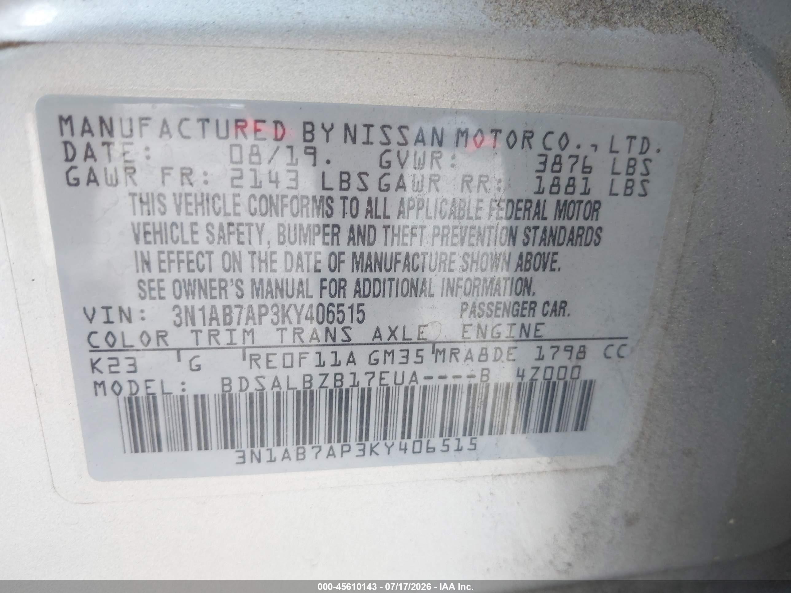 2019 Nissan Sentra S Silver vin: 3N1AB7AP3KY406515