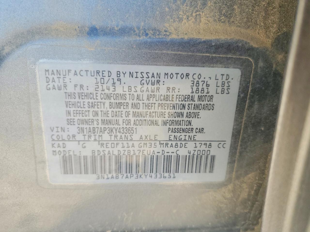 2019 Nissan Sentra Sl Charcoal vin: 3N1AB7AP3KY433651