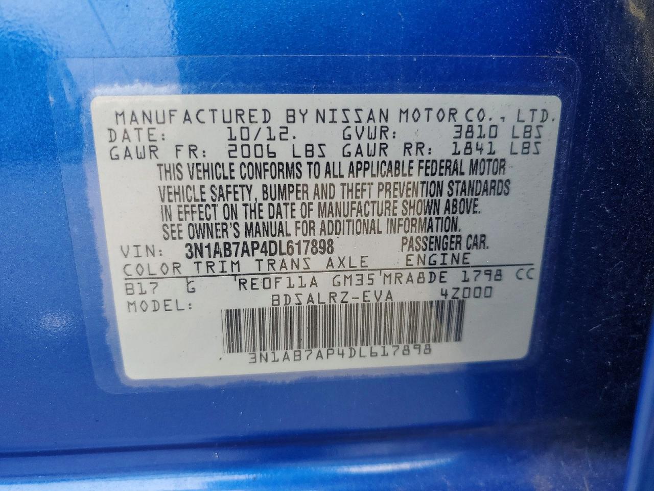 2013 Nissan Sentra S Blue vin: 3N1AB7AP4DL617898