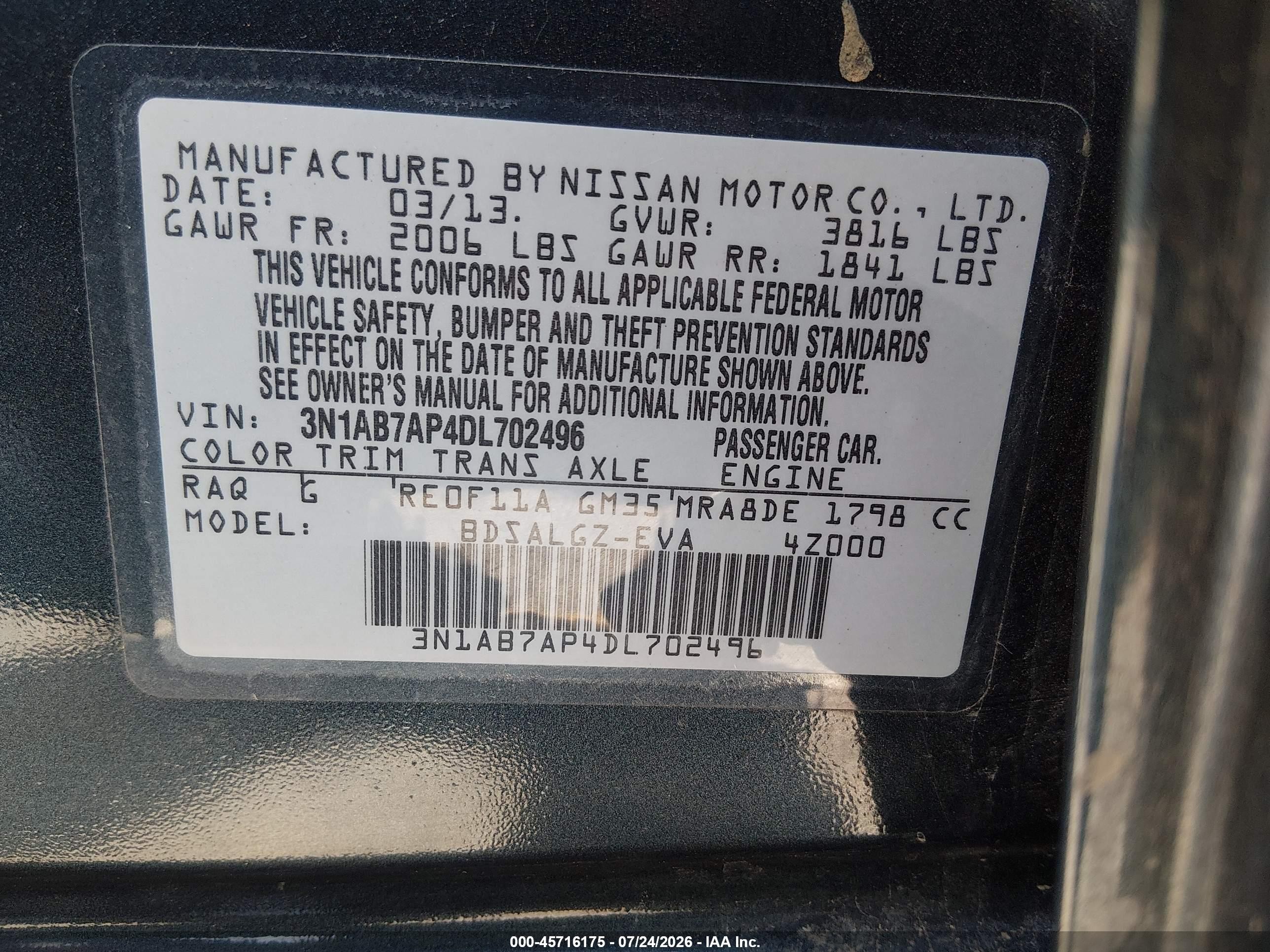 2013 Nissan Sentra Sl Blue vin: 3N1AB7AP4DL702496