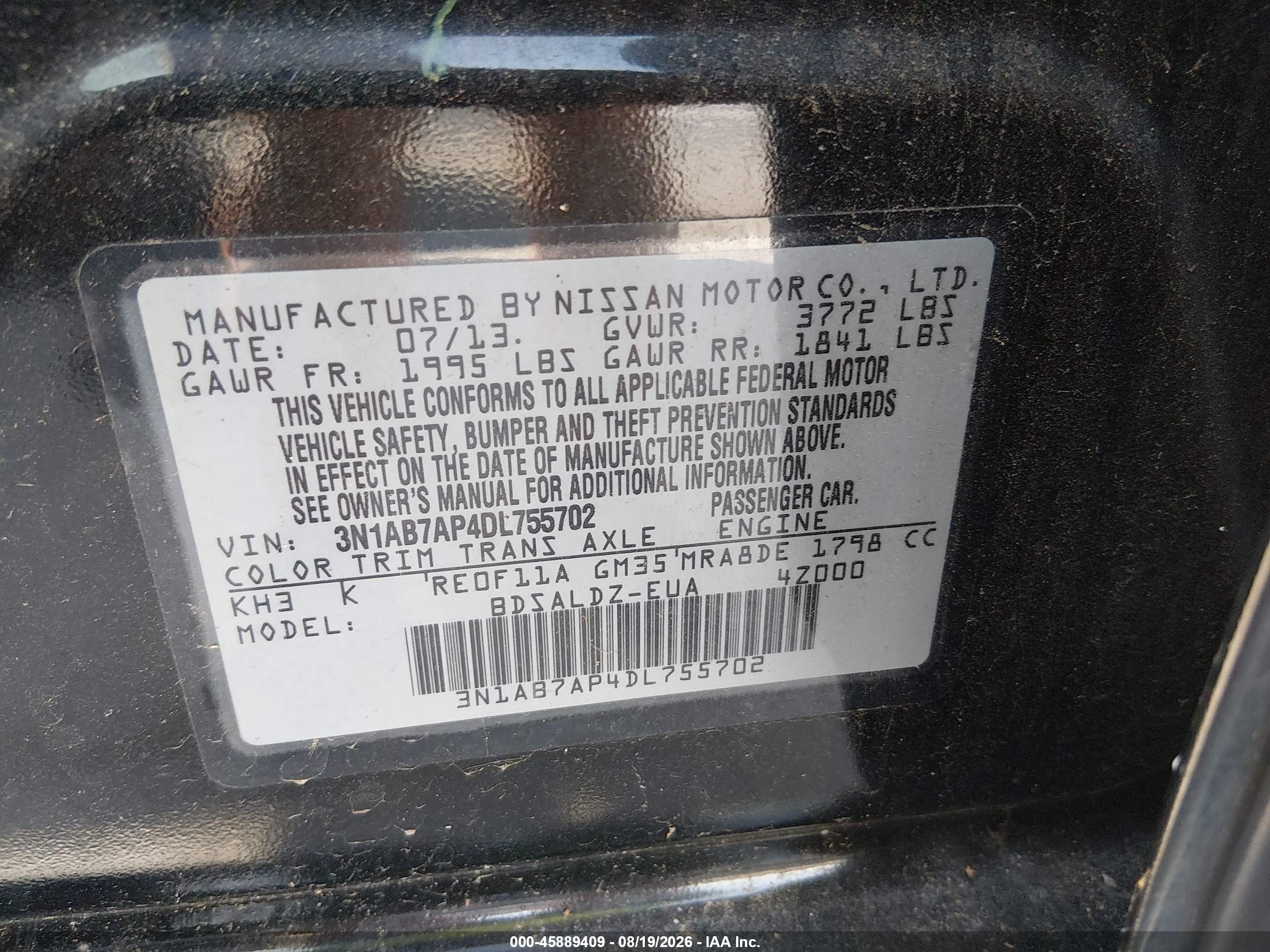 2013 Nissan Sentra Sv Black vin: 3N1AB7AP4DL755702