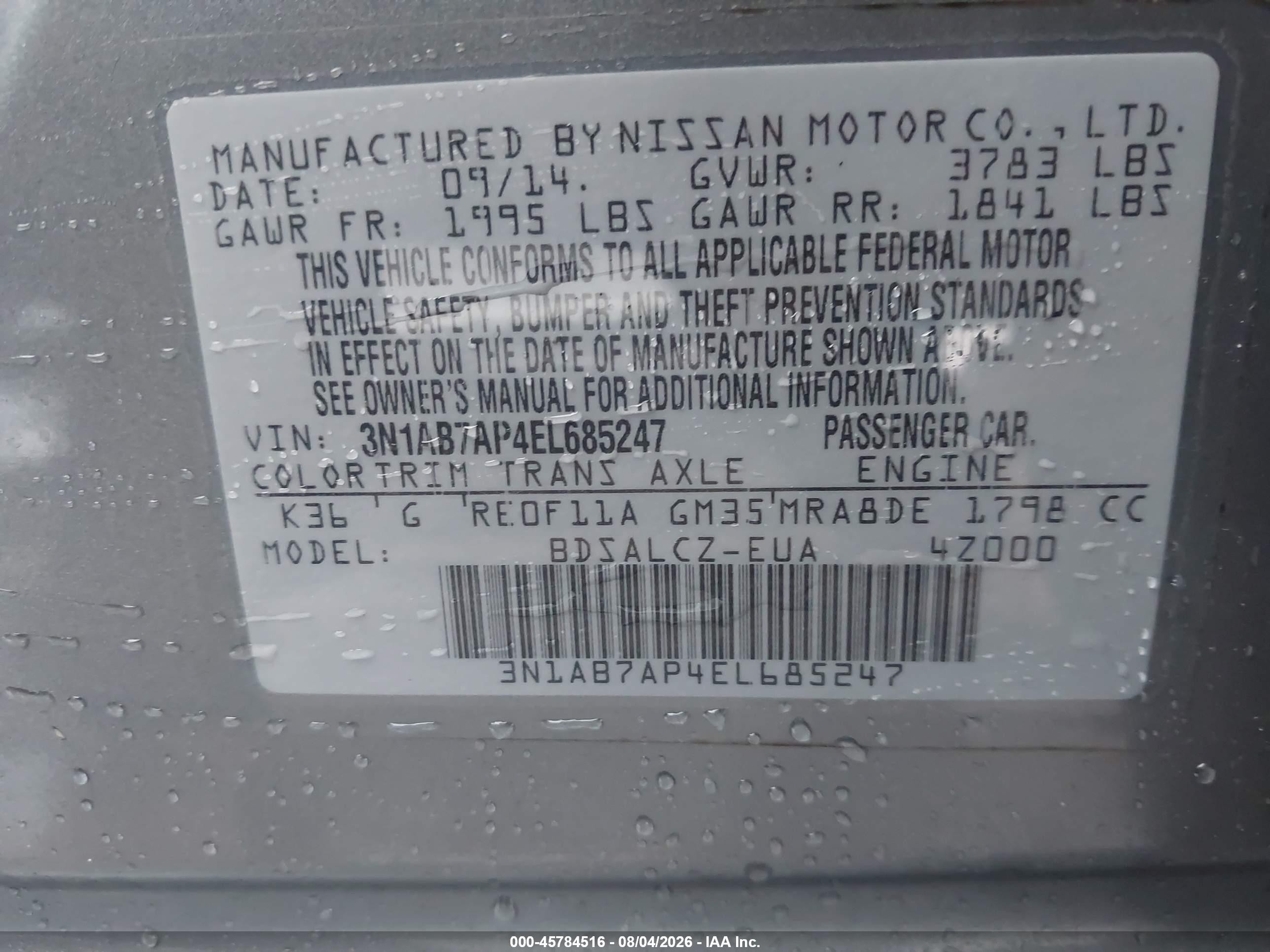 2014 Nissan Sentra S Silver vin: 3N1AB7AP4EL685247
