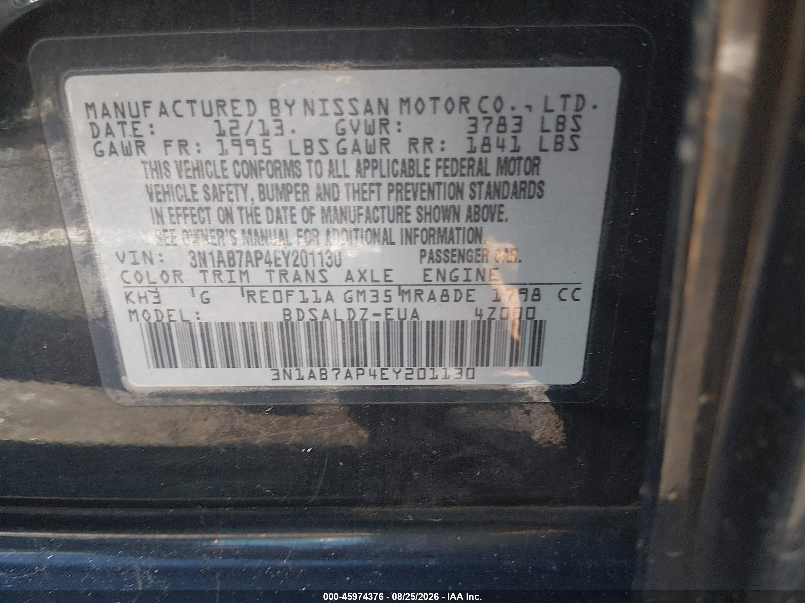 2014 Nissan Sentra Fe+ S/fe+ Sv/s/sl/sr/sv Black vin: 3N1AB7AP4EY201130