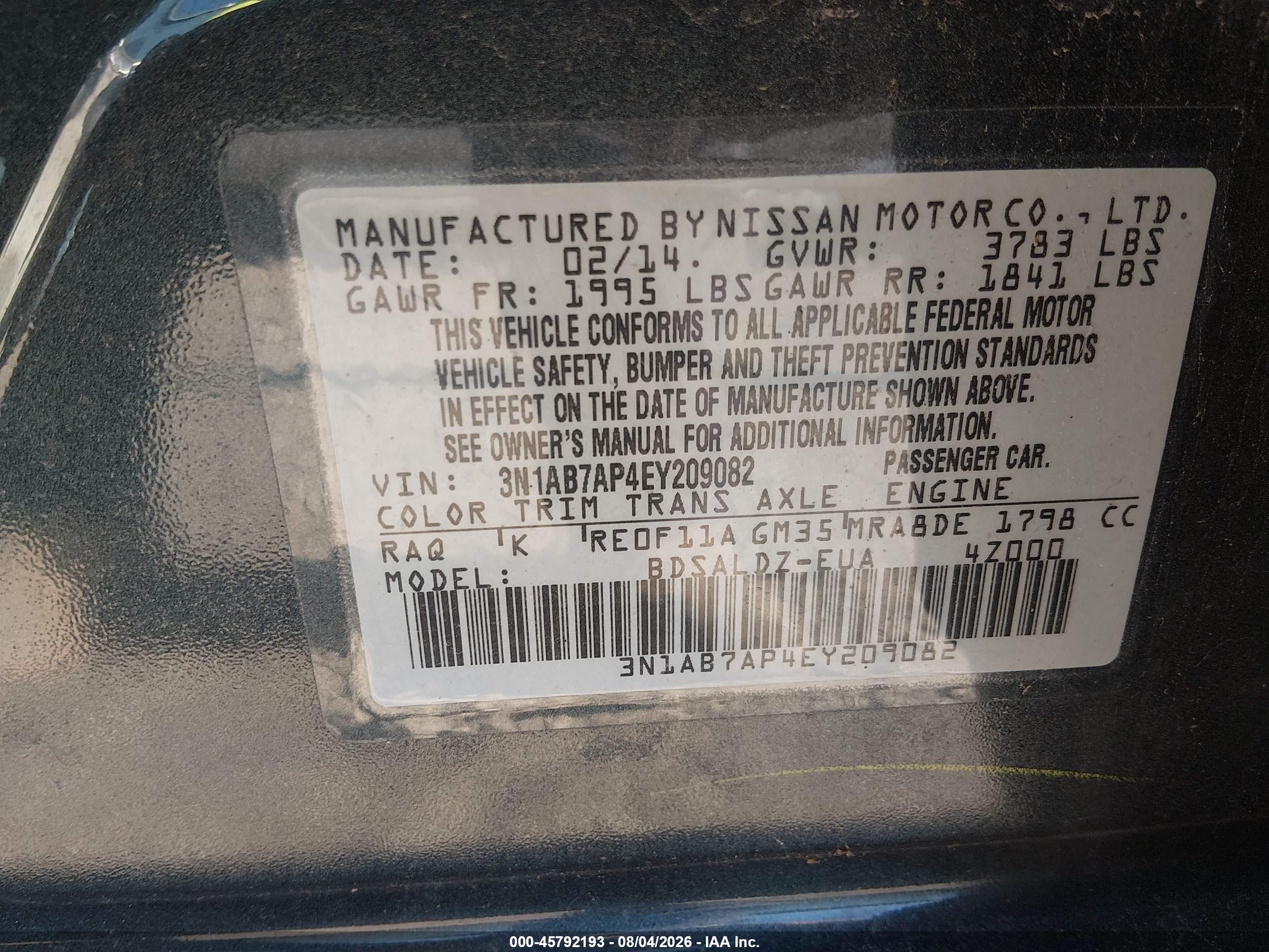 2014 Nissan Sentra Fe+ S/fe+ Sv/s/sl/sr/sv Серый vin: 3N1AB7AP4EY209082