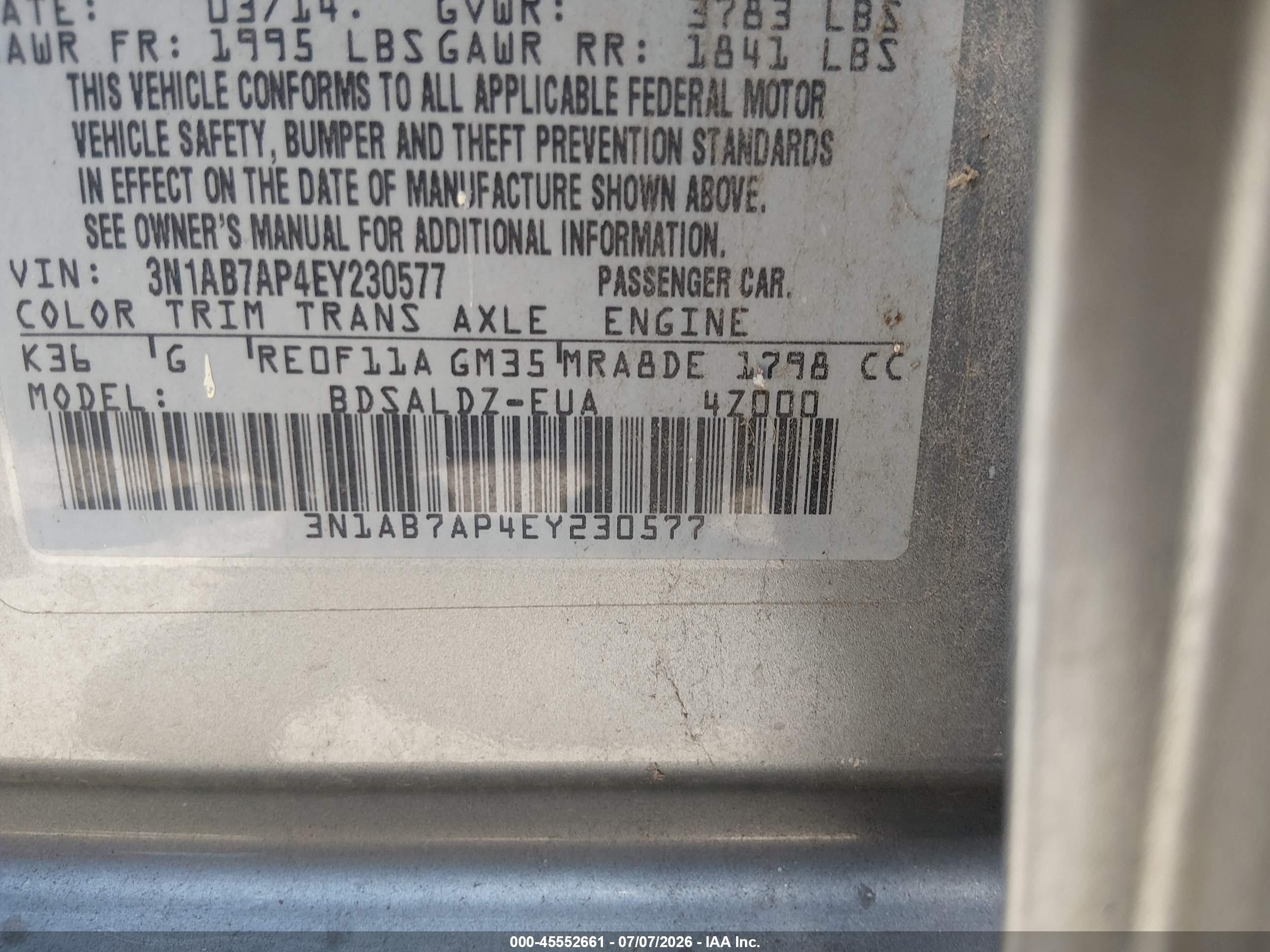 2014 Nissan Sentra Fe+ S/fe+ Sv/s/sl/sr/sv Silver vin: 3N1AB7AP4EY230577
