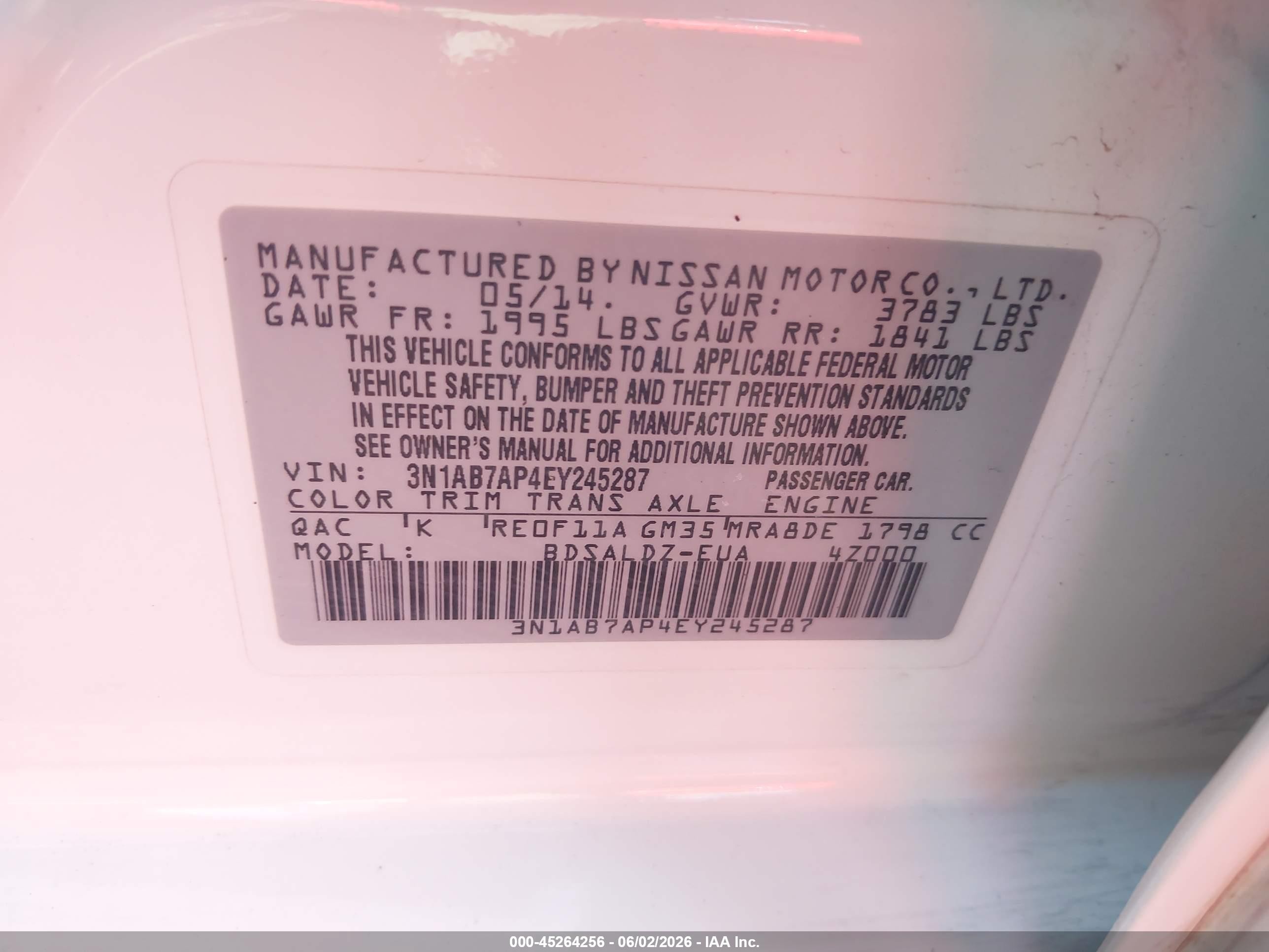 2014 Nissan Sentra Fe+ S/fe+ Sv/s/sl/sr/sv Белый vin: 3N1AB7AP4EY245287