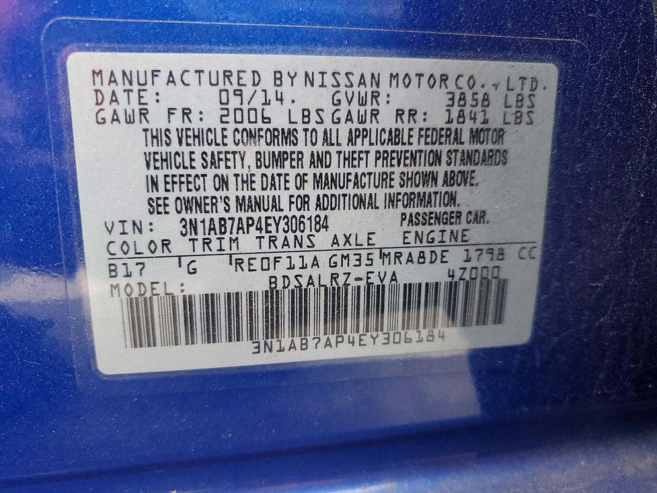 2014 Nissan Sentra Sr Blue vin: 3N1AB7AP4EY306184