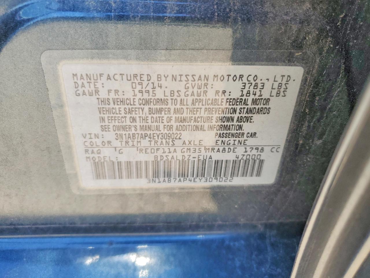 2014 Nissan Sentra Sv Blue vin: 3N1AB7AP4EY309022