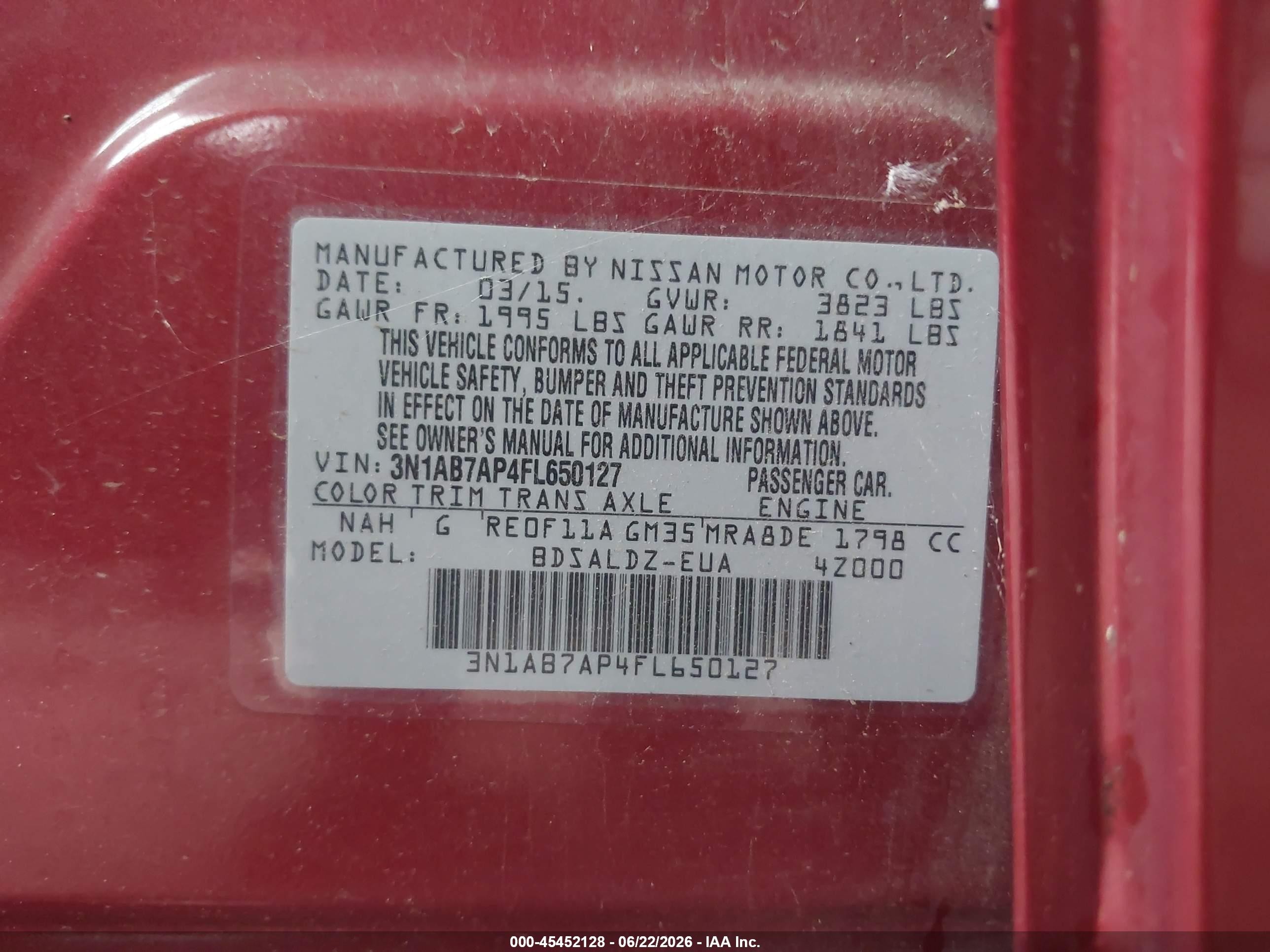 2015 Nissan Sentra Fe+ S/s/sl/sr/sv Burgundy vin: 3N1AB7AP4FL650127