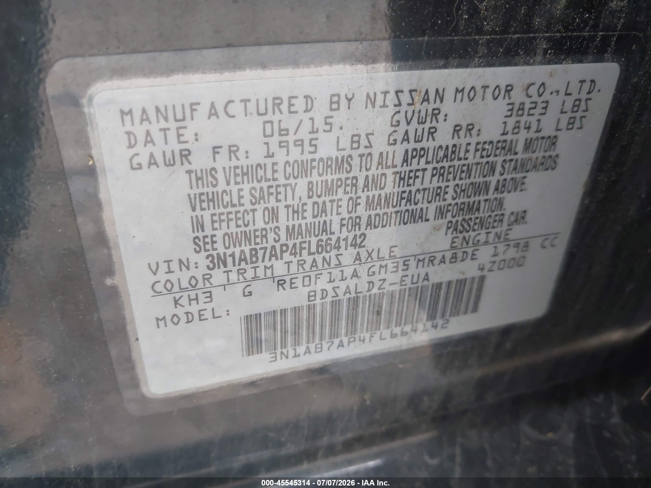 2015 Nissan Sentra Fe+ S/s/sl/sr/sv Black vin: 3N1AB7AP4FL664142