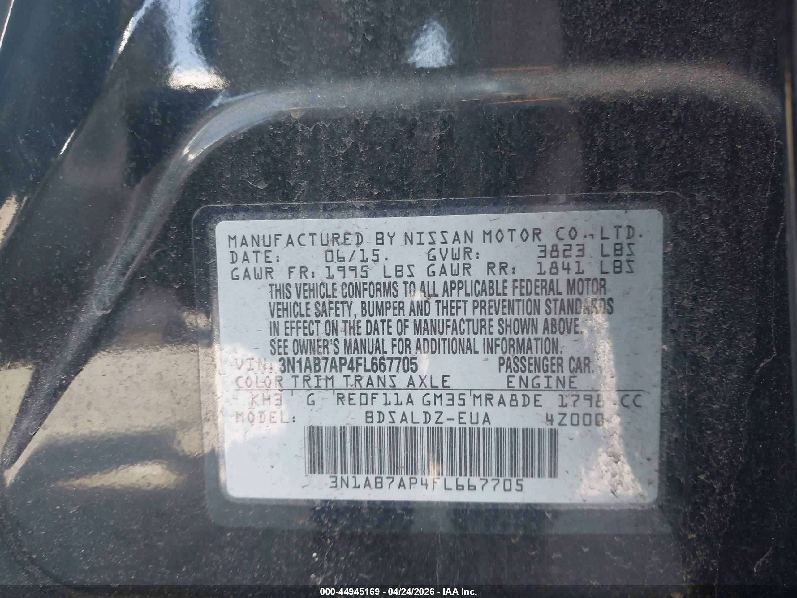 2015 Nissan Sentra Fe+ S/s/sl/sr/sv Black vin: 3N1AB7AP4FL667705
