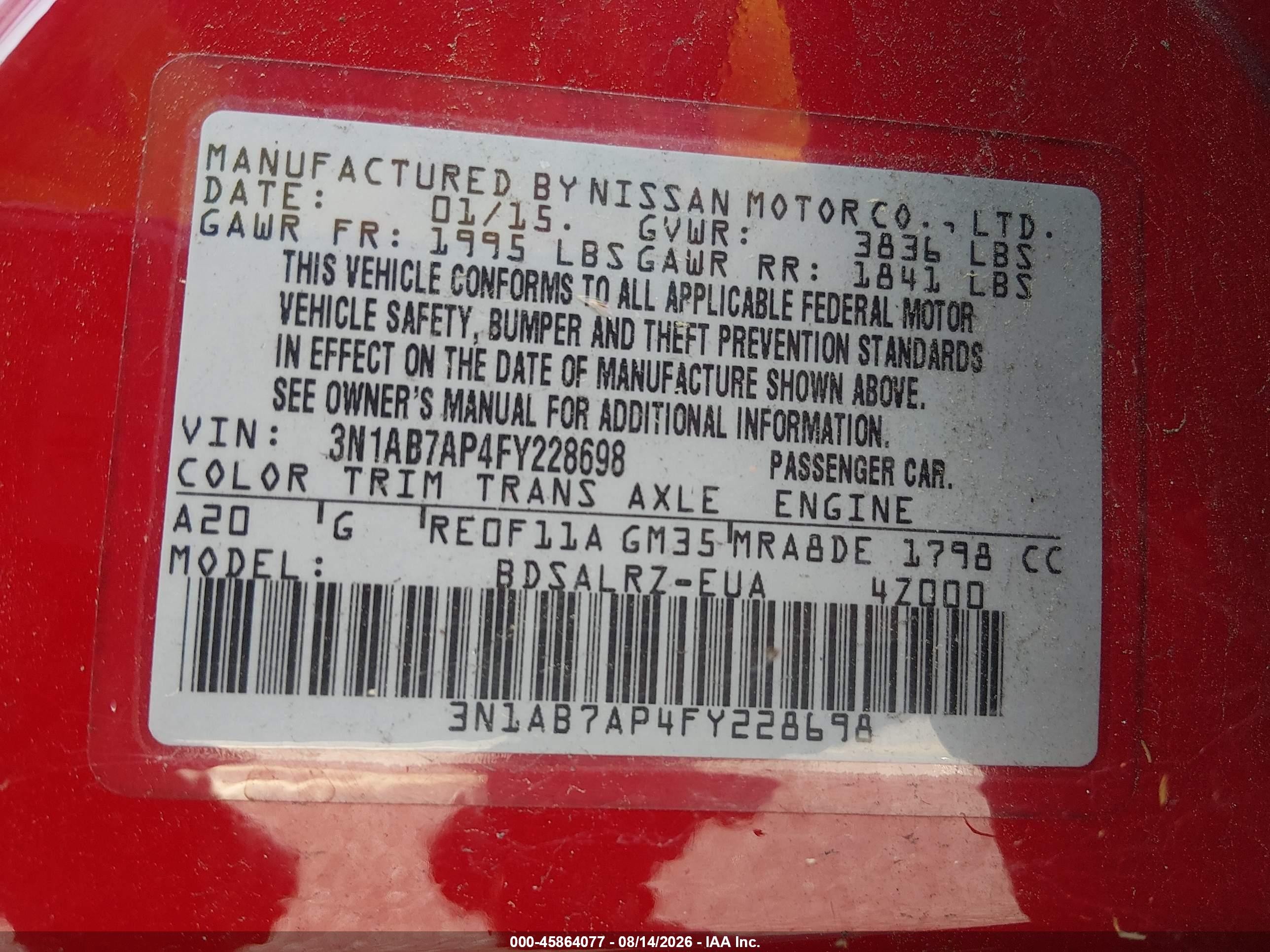 2015 Nissan Sentra Sr Red vin: 3N1AB7AP4FY228698