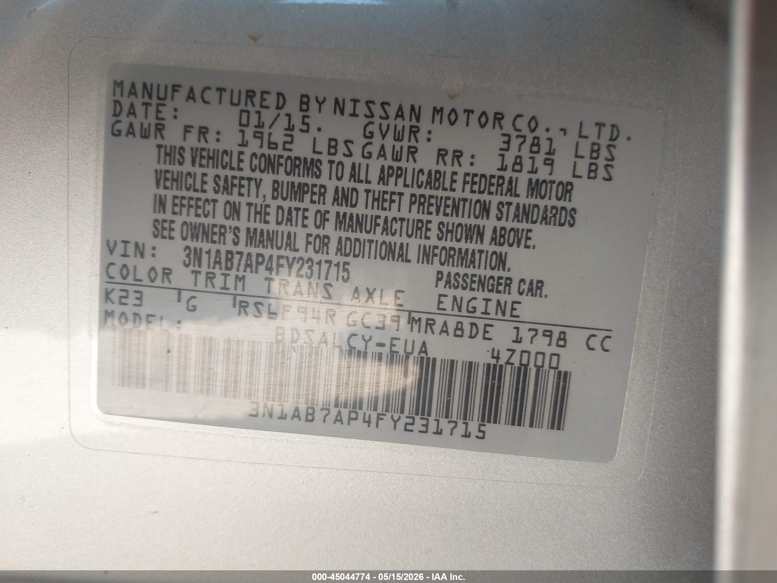 2015 Nissan Sentra S Gray vin: 3N1AB7AP4FY231715