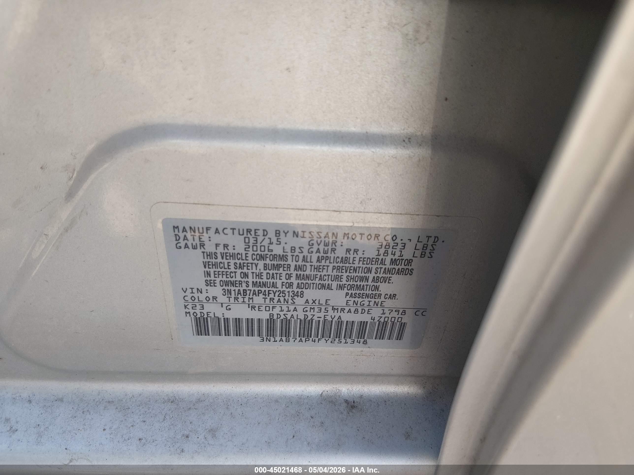 2015 Nissan Sentra Fe+ S/s/sl/sr/sv Серебряный vin: 3N1AB7AP4FY251348