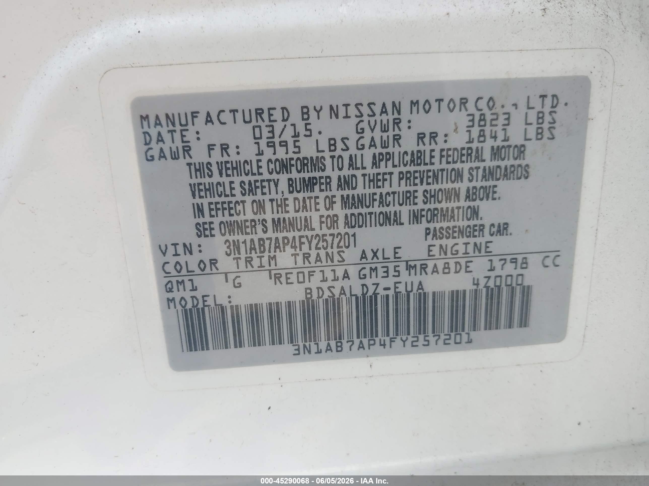 2015 Nissan Sentra Fe+ S/s/sl/sr/sv White vin: 3N1AB7AP4FY257201