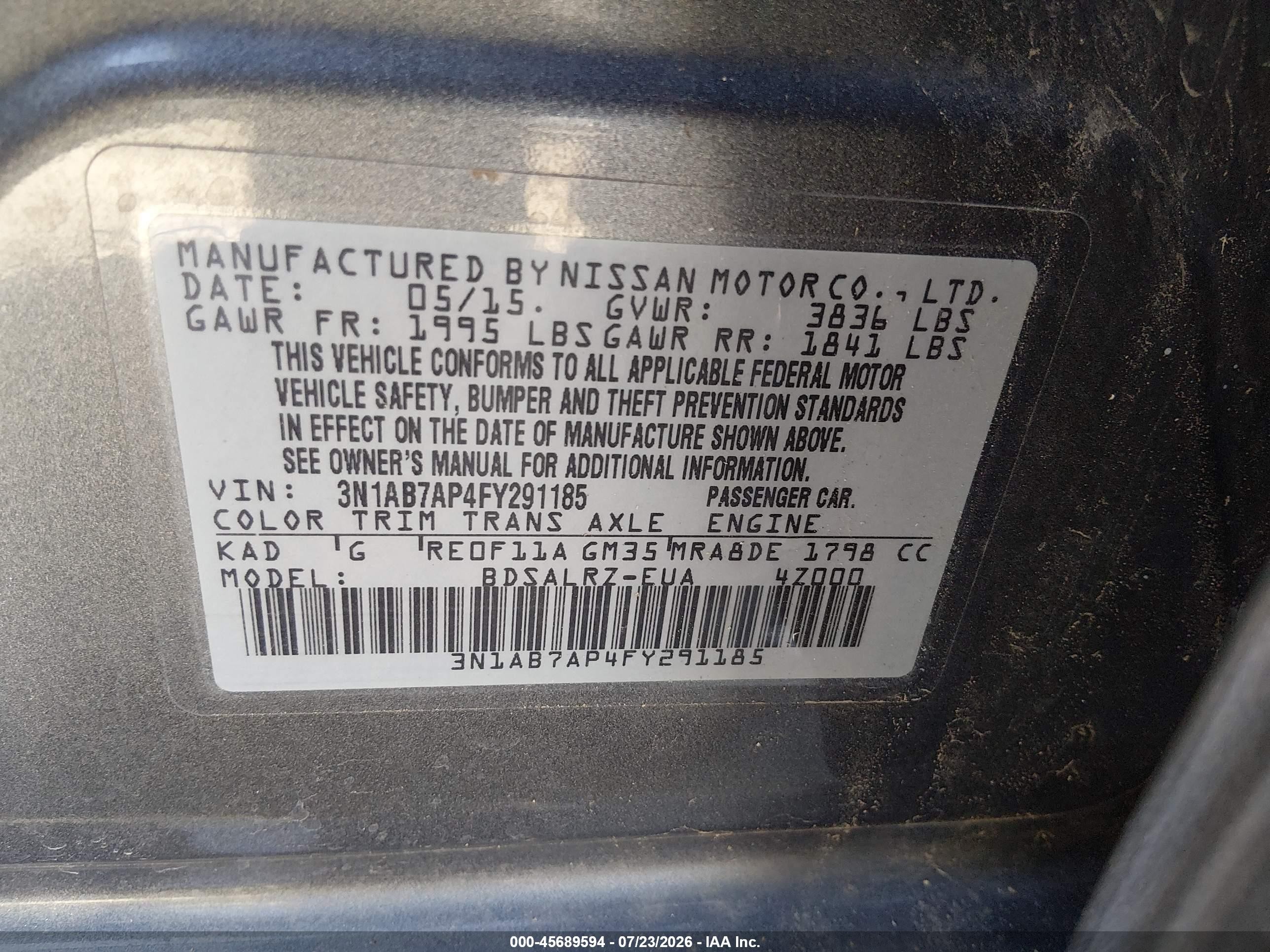 2015 Nissan Sentra Sr Серый vin: 3N1AB7AP4FY291185