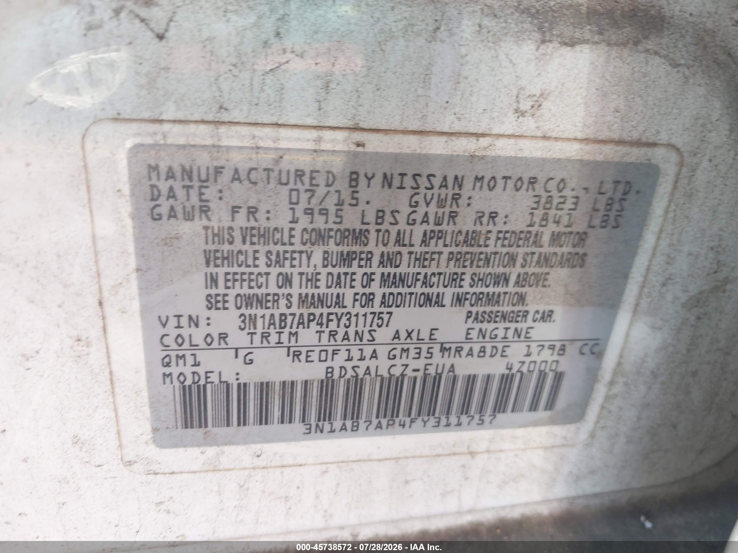 2015 Nissan Sentra S White vin: 3N1AB7AP4FY311757