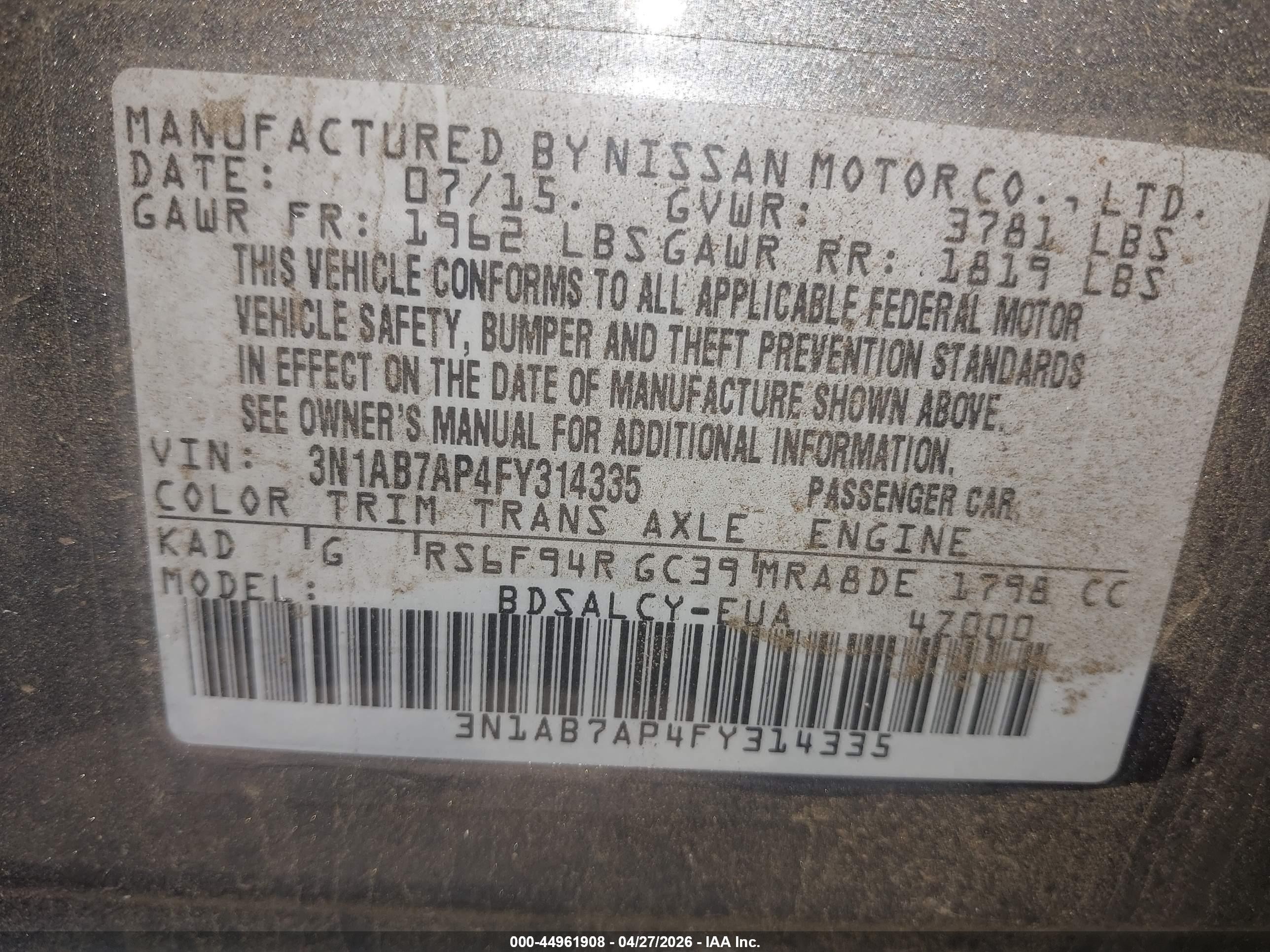2015 Nissan Sentra S Серый vin: 3N1AB7AP4FY314335