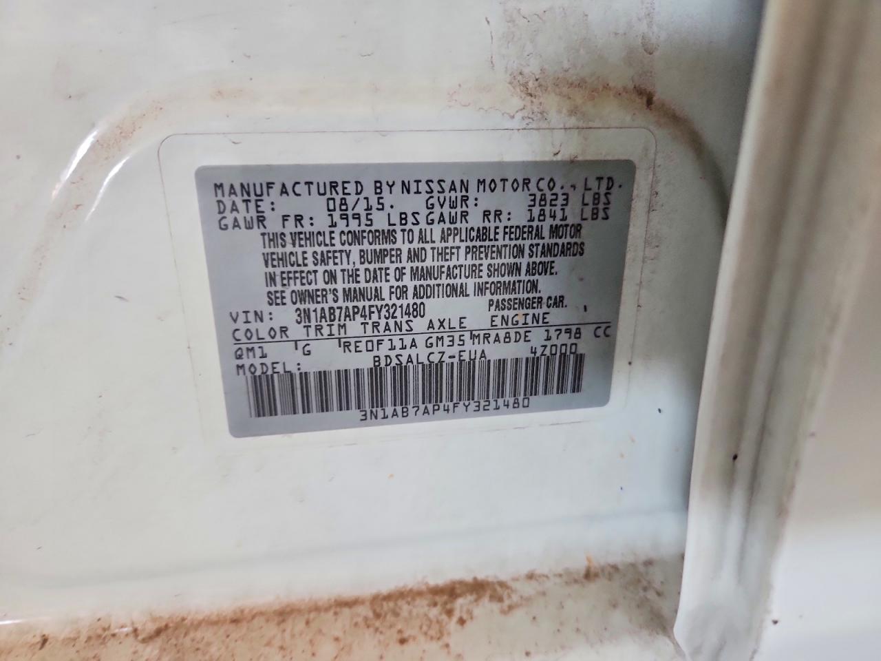 2015 Nissan Sentra S White vin: 3N1AB7AP4FY321480