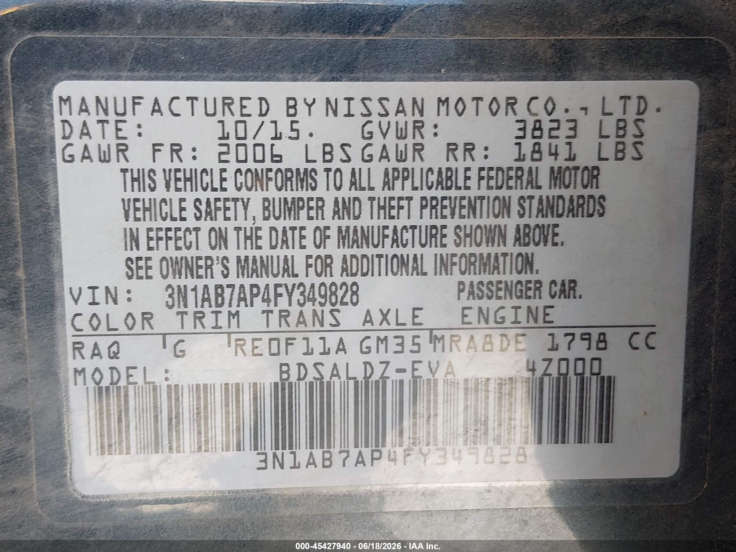2015 Nissan Sentra Sv Blue vin: 3N1AB7AP4FY349828
