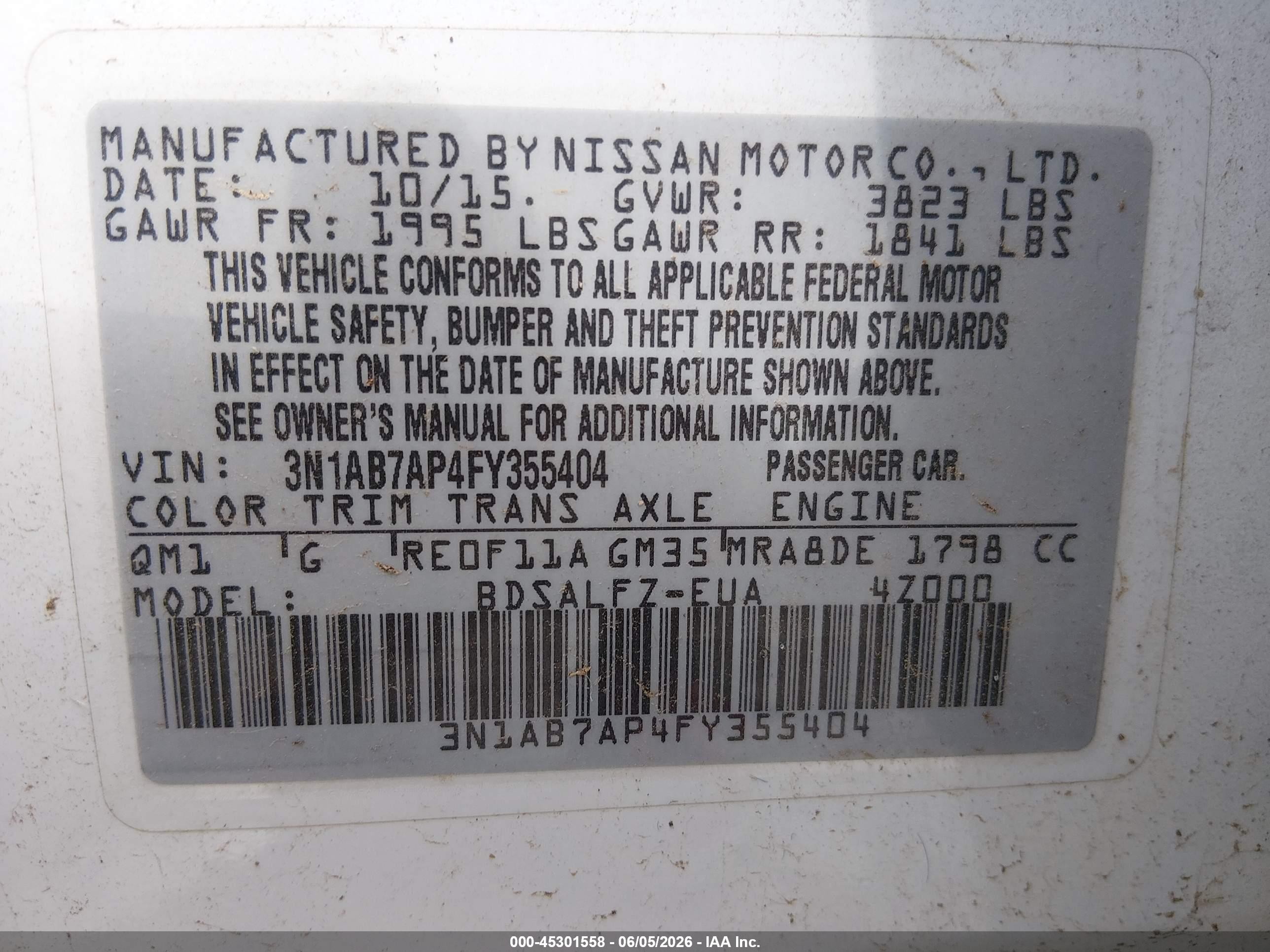 2015 Nissan Sentra Fe+ S Белый vin: 3N1AB7AP4FY355404