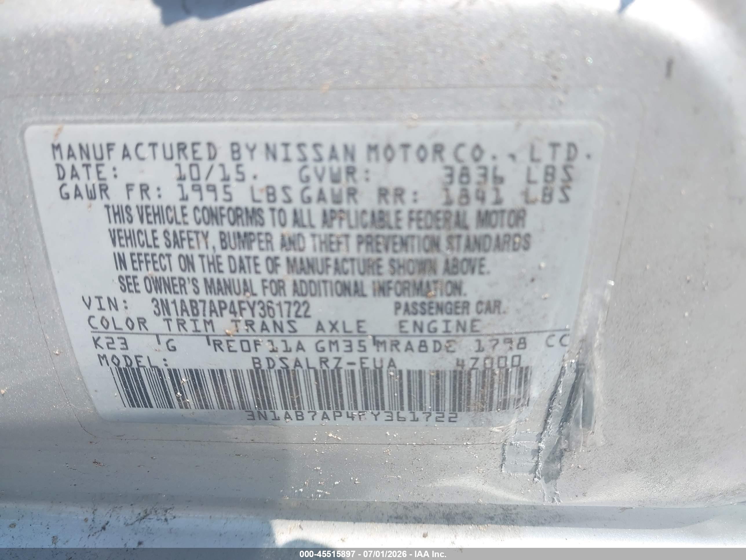 2015 Nissan Sentra Sr Silver vin: 3N1AB7AP4FY361722