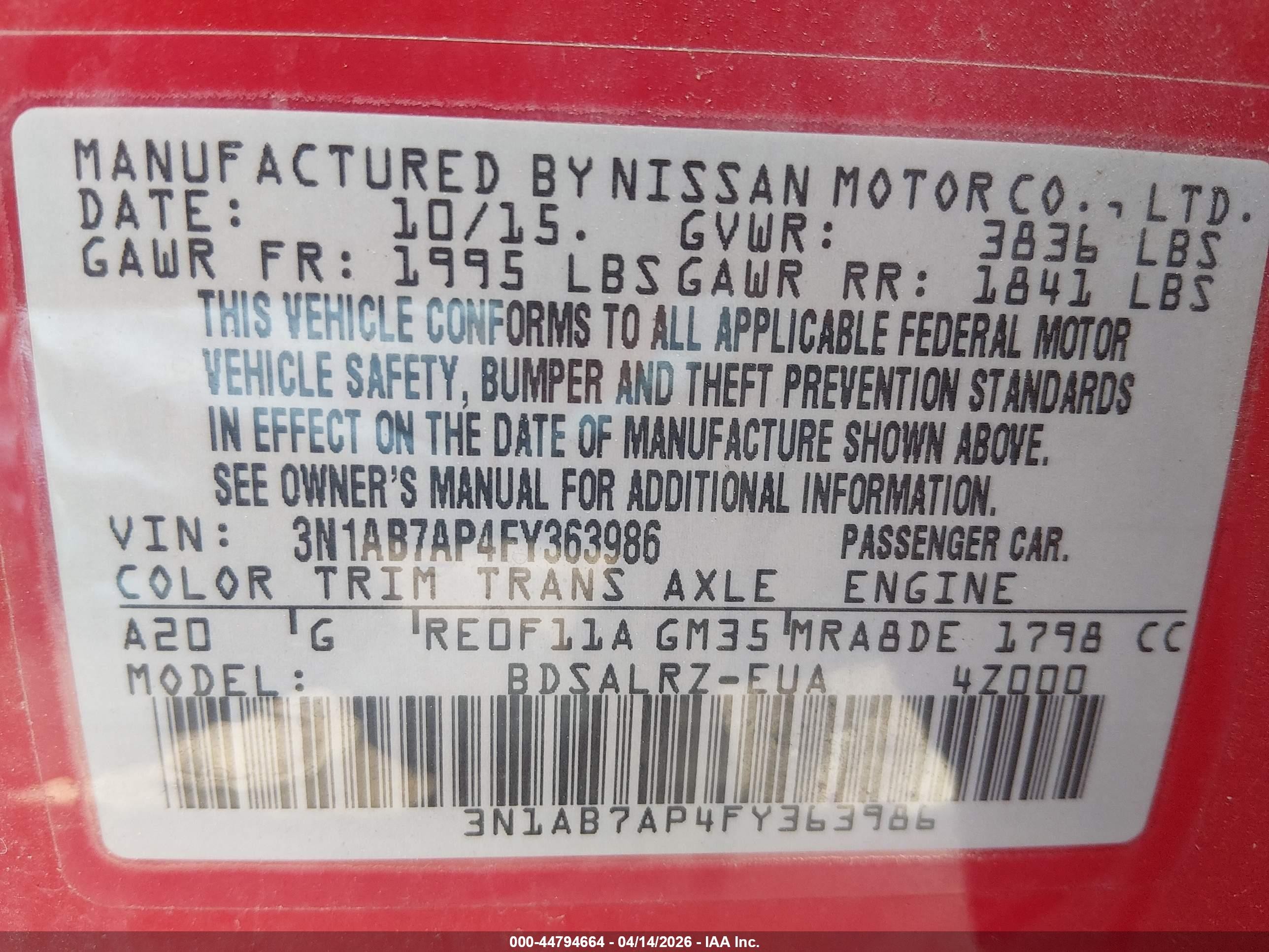 2015 Nissan Sentra Sr Red vin: 3N1AB7AP4FY363986