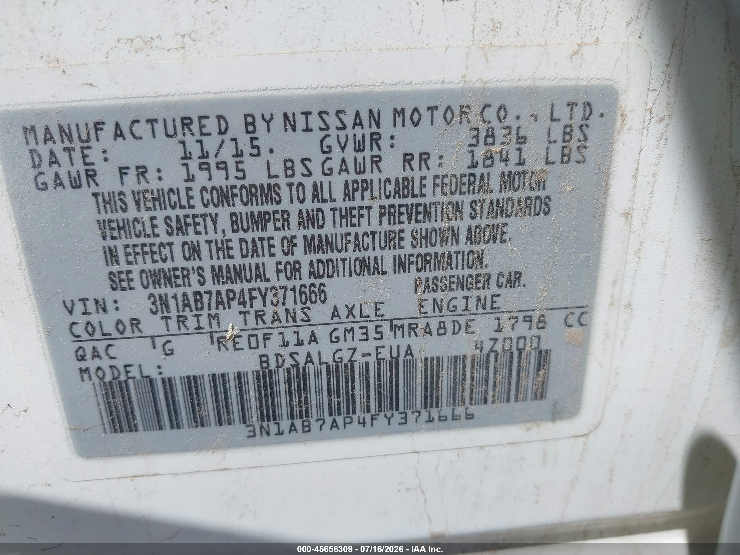 2015 Nissan Sentra Sl White vin: 3N1AB7AP4FY371666