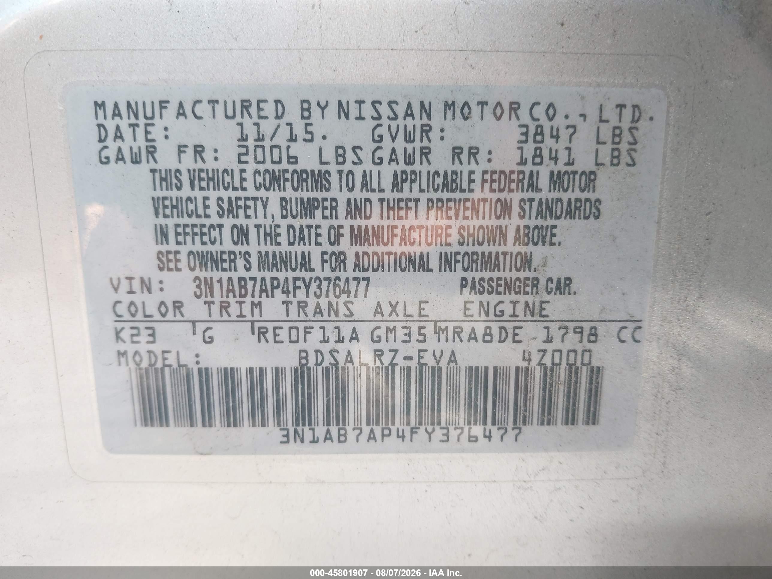 2015 Nissan Sentra Sr Silver vin: 3N1AB7AP4FY376477