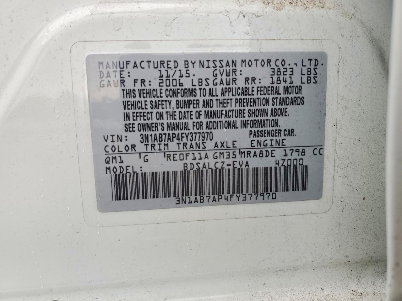 2015 Nissan Sentra S White vin: 3N1AB7AP4FY377970