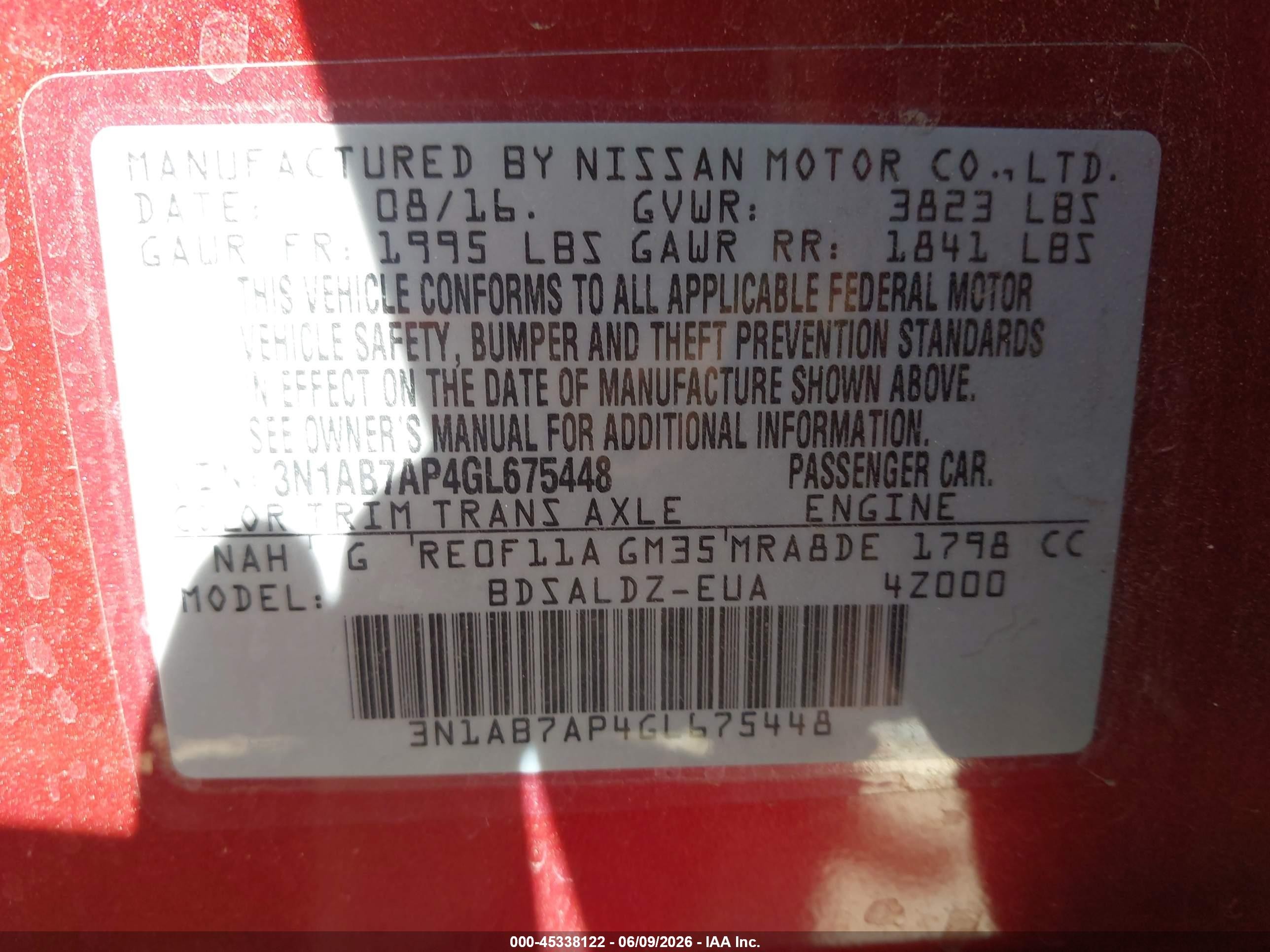 2016 Nissan Sentra Sv Burgundy vin: 3N1AB7AP4GL675448