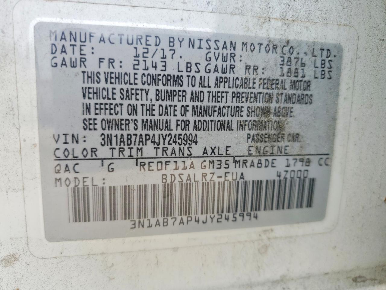 2018 Nissan Sentra Sr White vin: 3N1AB7AP4JY245994